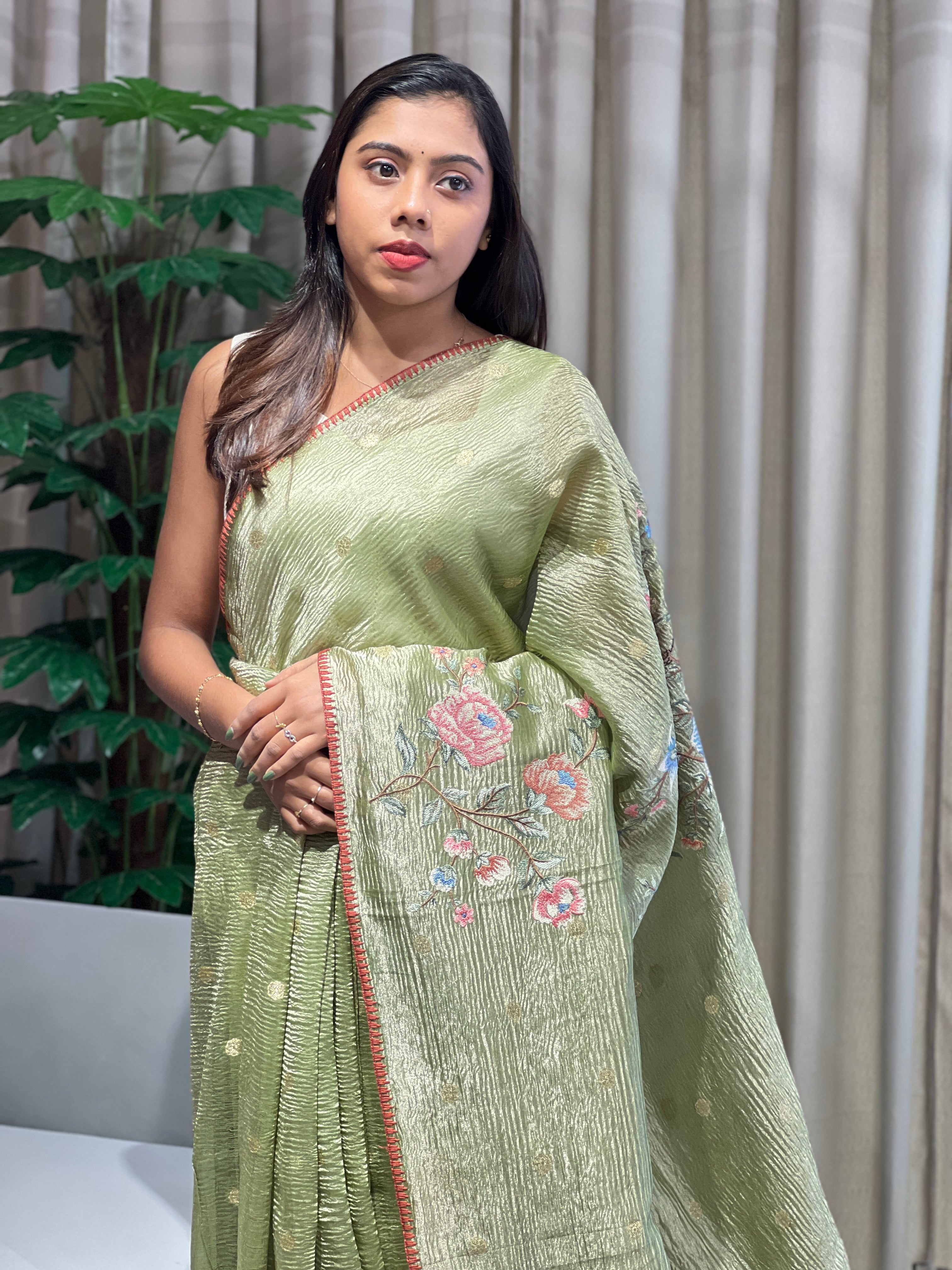 Floral And Bird Embroidery Crushed Shimmer Organza Saree | RGD985R