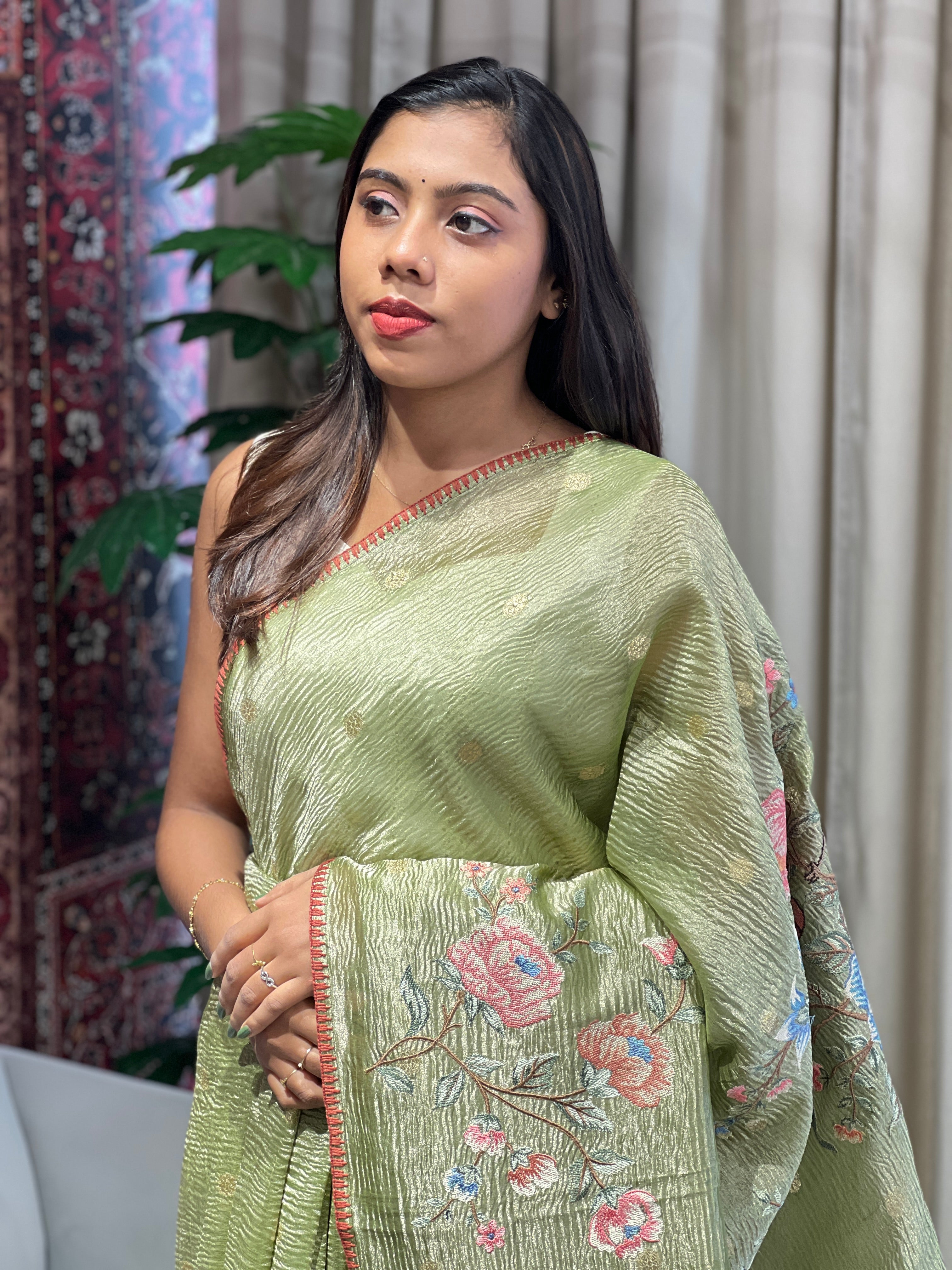 Floral And Bird Embroidery Crushed Shimmer Organza Saree | RGD985R