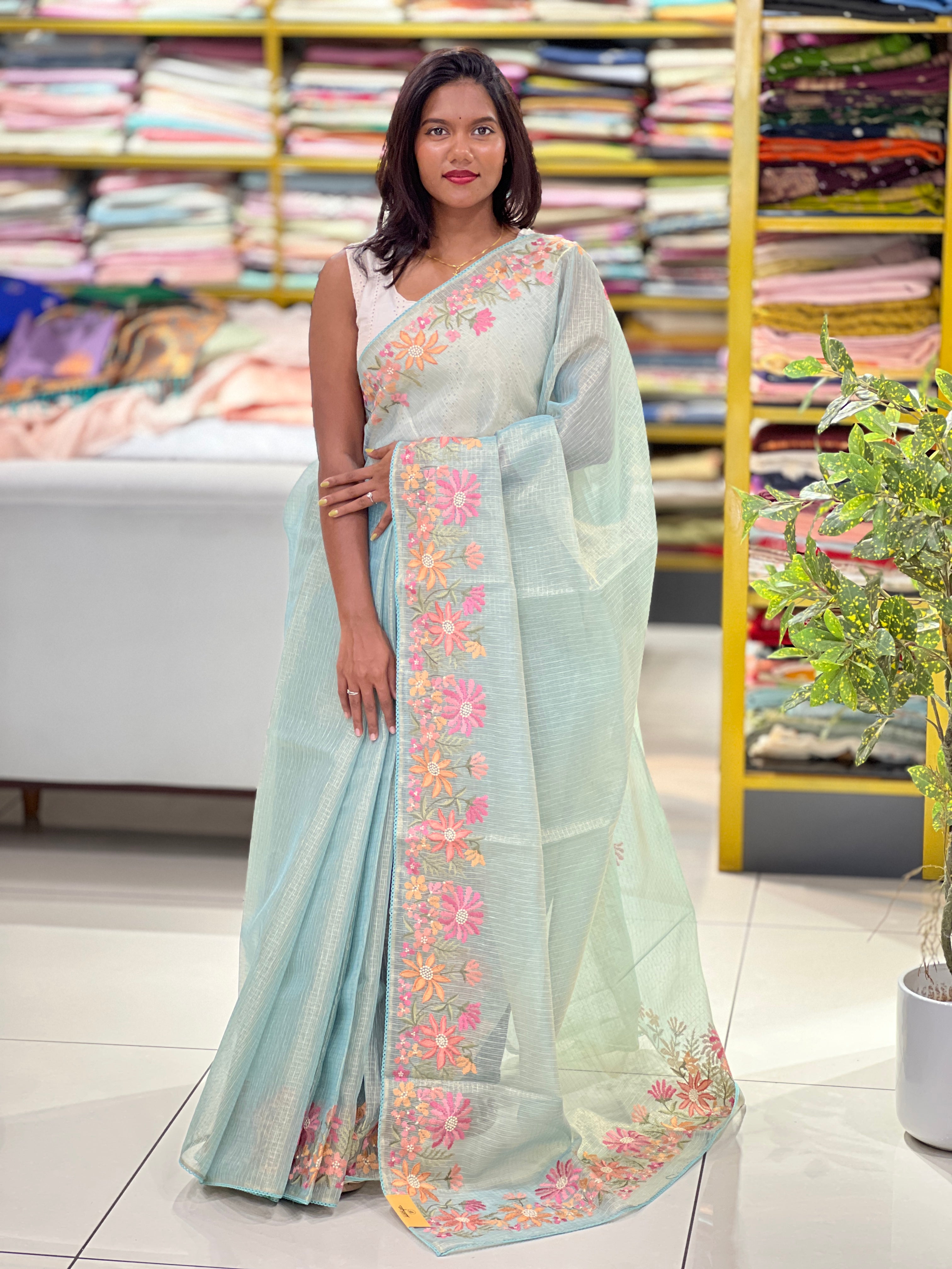 Floral Embroidery Detailed Tissue Kota Saree | PKS210