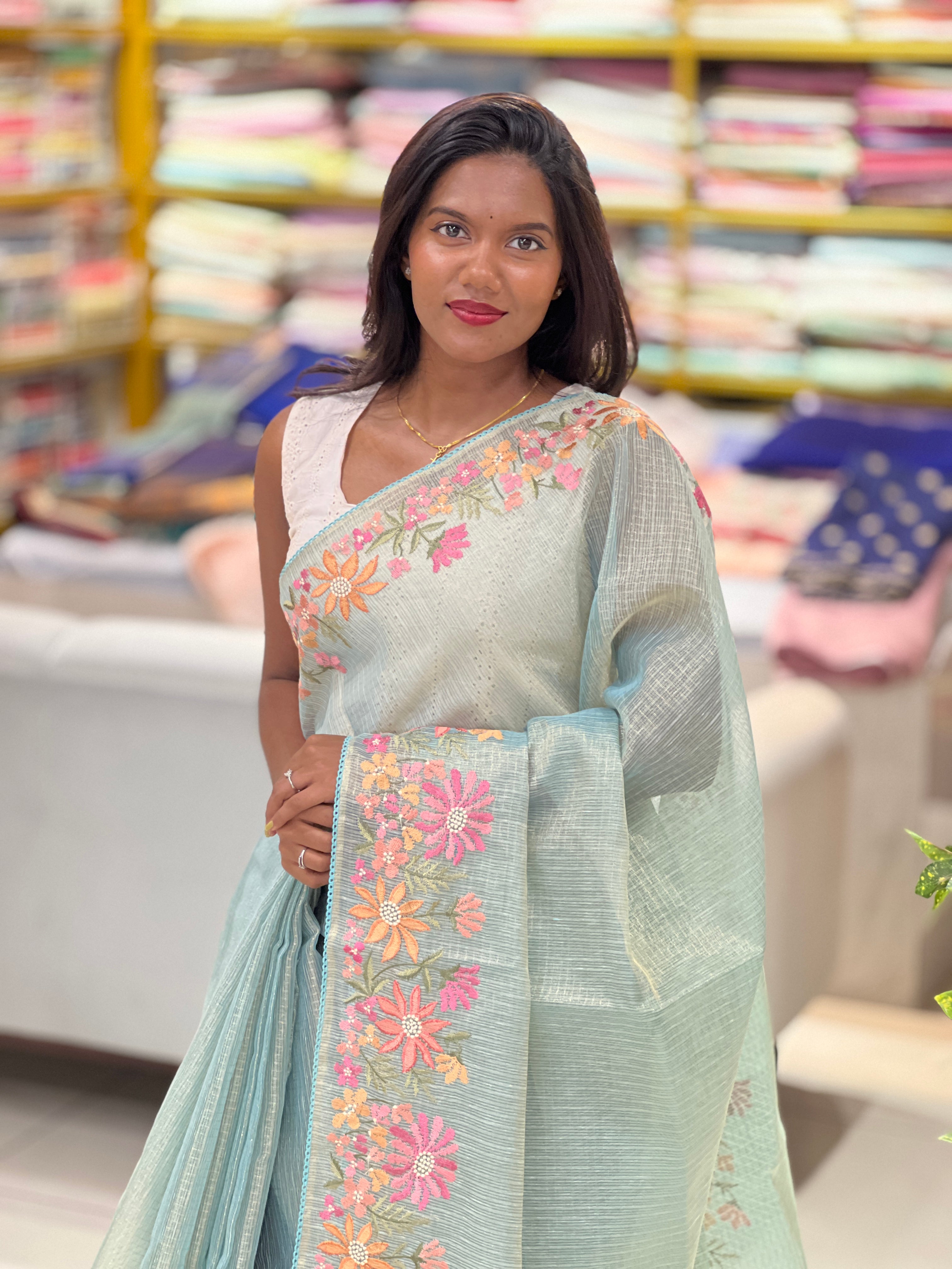 Floral Embroidery Detailed Tissue Kota Saree | PKS210