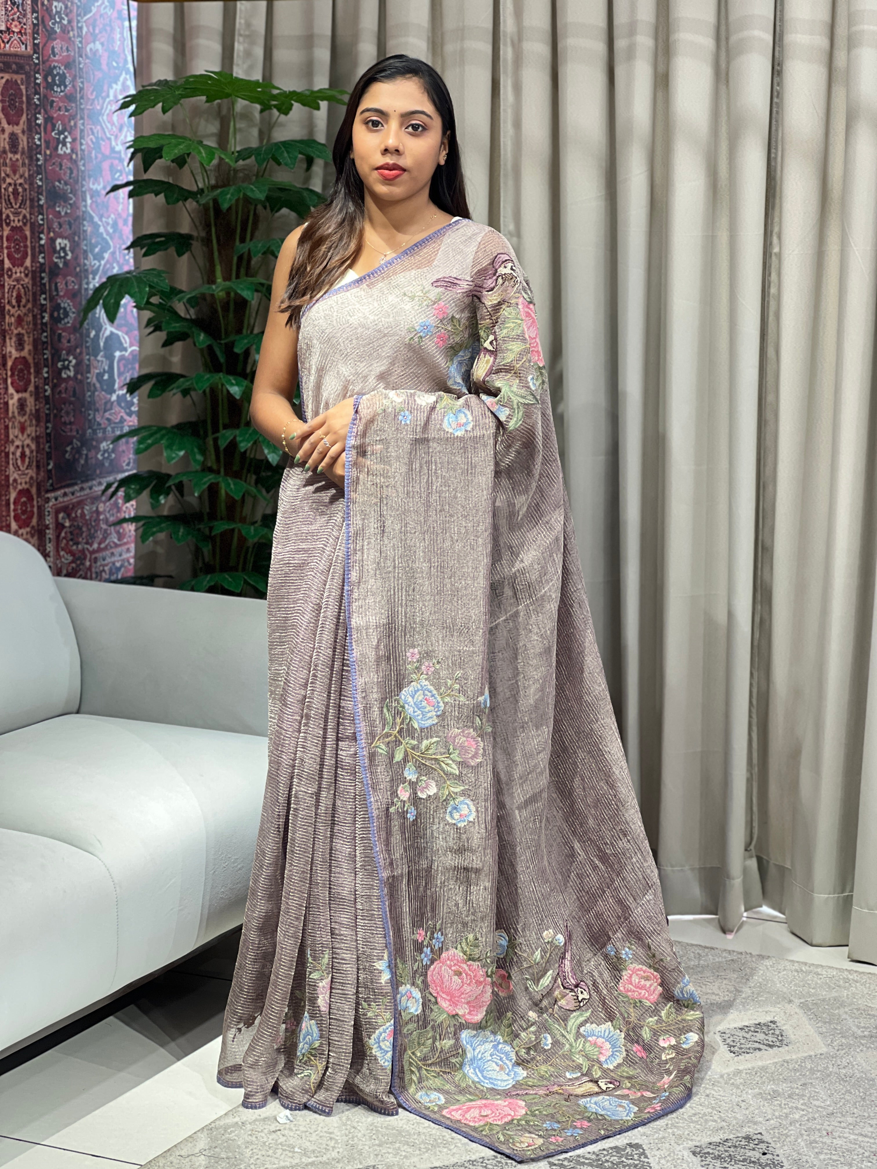 Cross Stitch Embroidered Crushed Shimmer Organza Saree | RGD986R