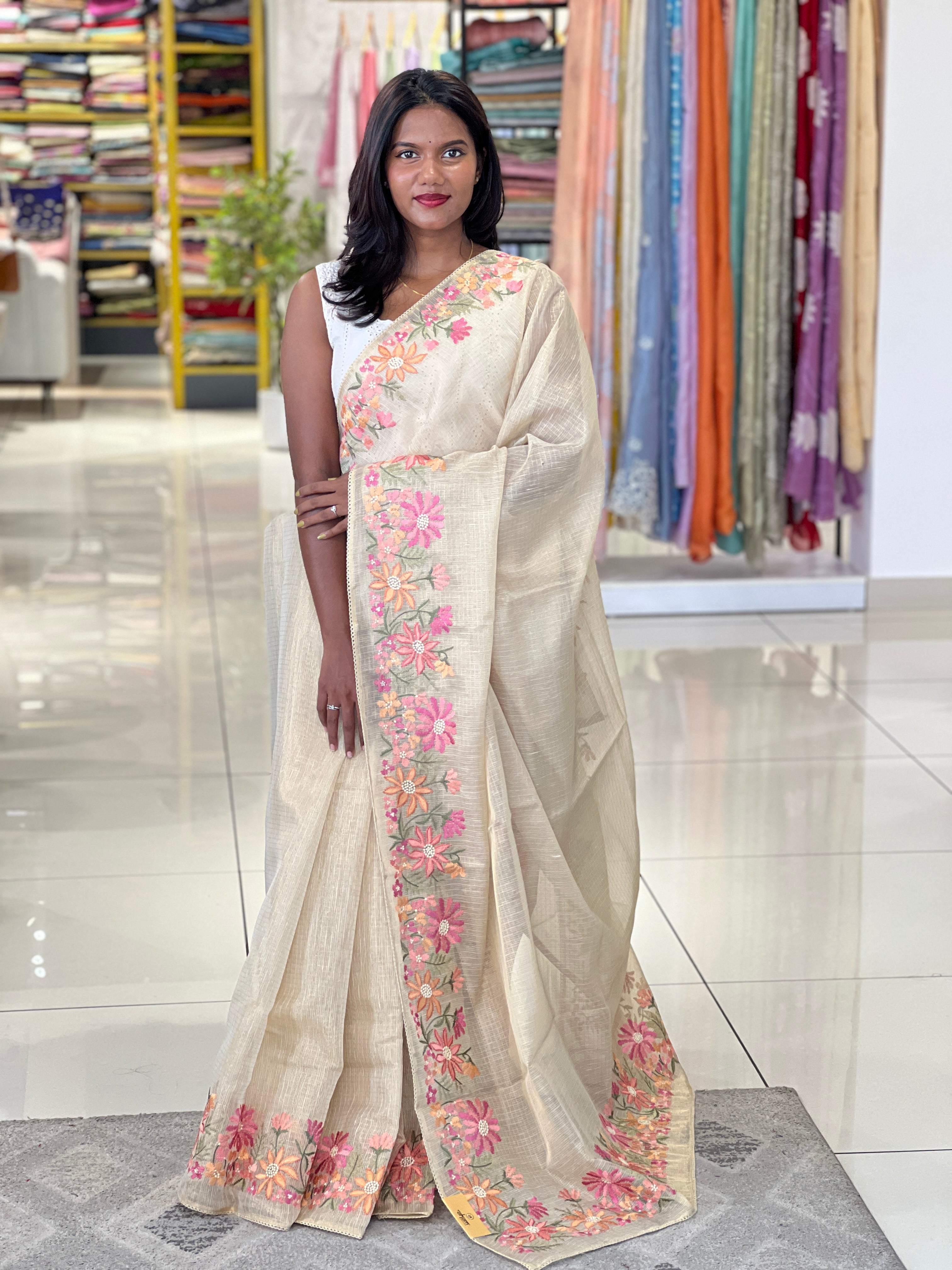 Floral Embroidery Detailed Tissue Kota Saree | PKS211