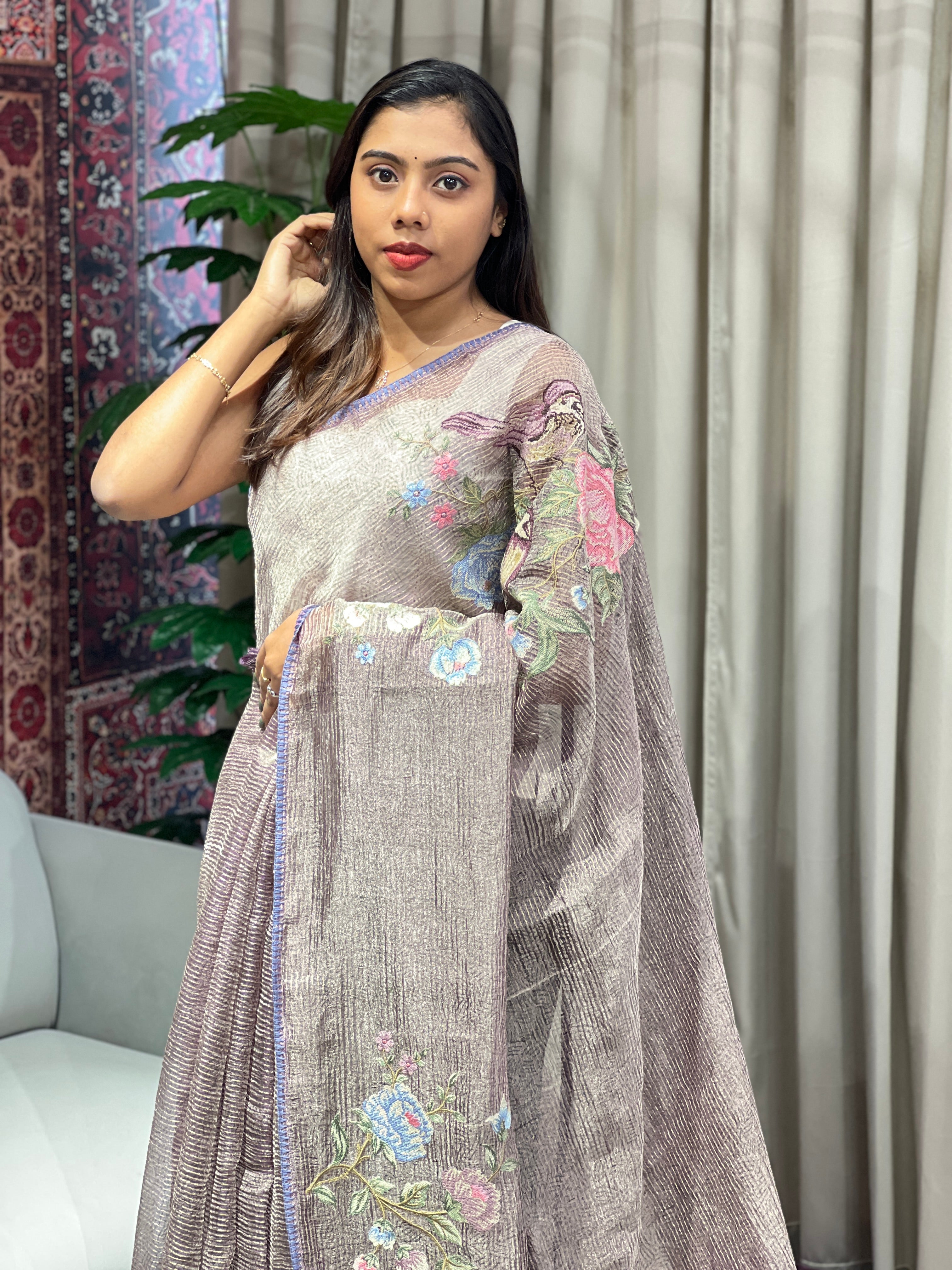 Cross Stitch Embroidered Crushed Shimmer Organza Saree | RGD986R