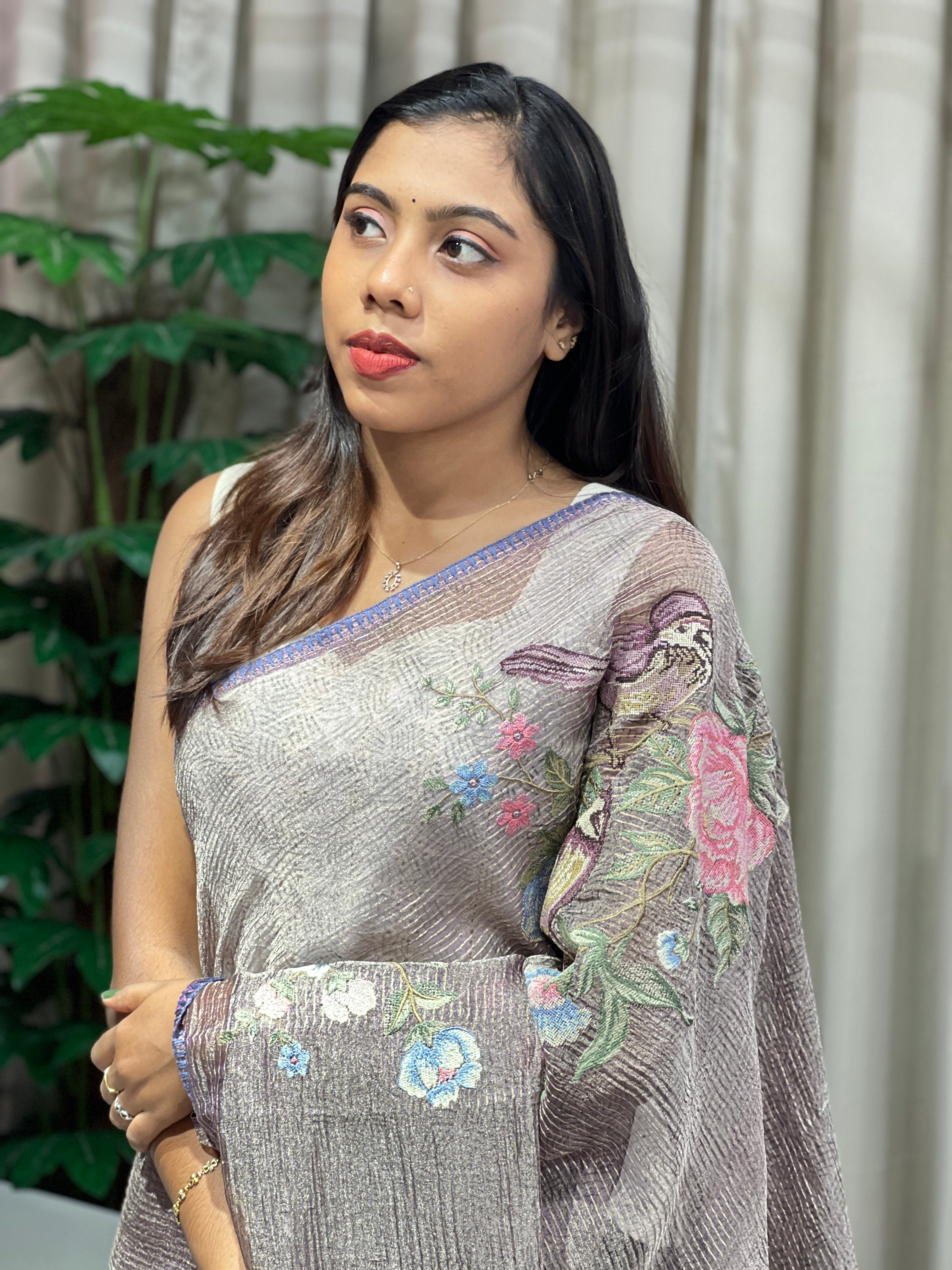 Cross Stitch Embroidered Crushed Shimmer Organza Saree | RGD986R