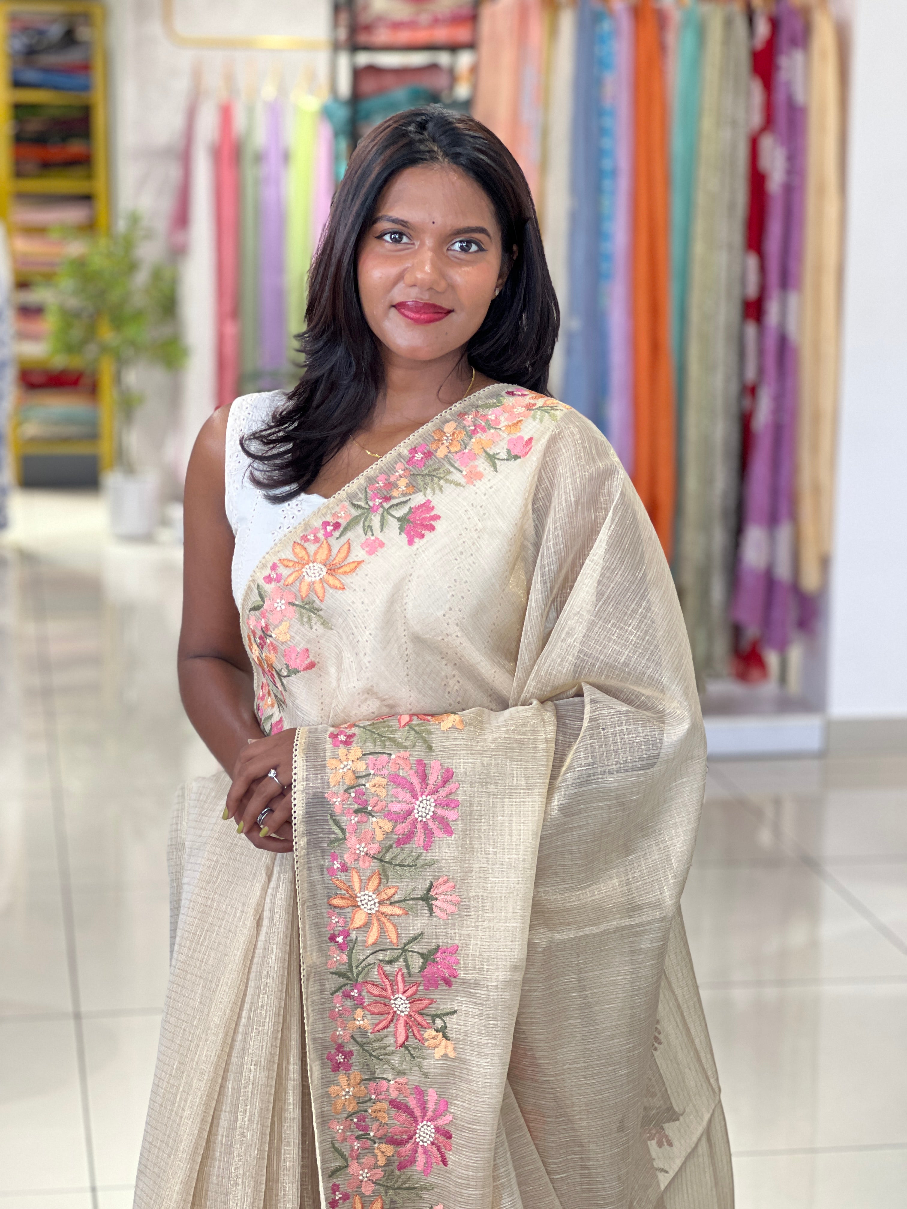 Floral Embroidery Detailed Tissue Kota Saree | PKS211