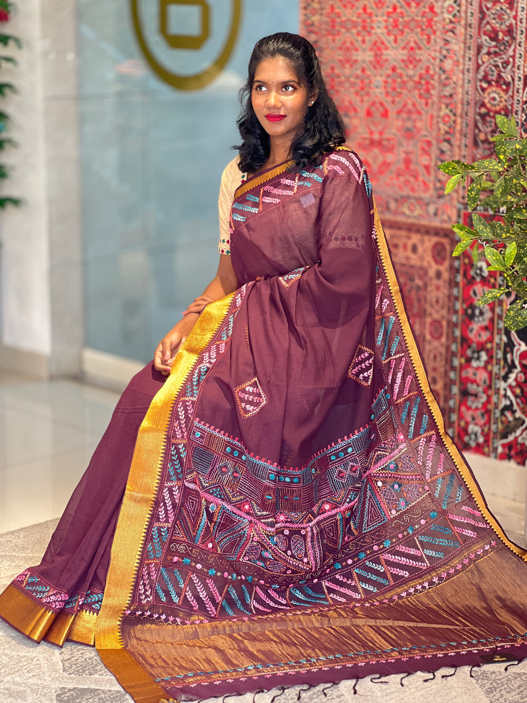 Hand Embroidery Detailed Cotton Saree | SBS1244