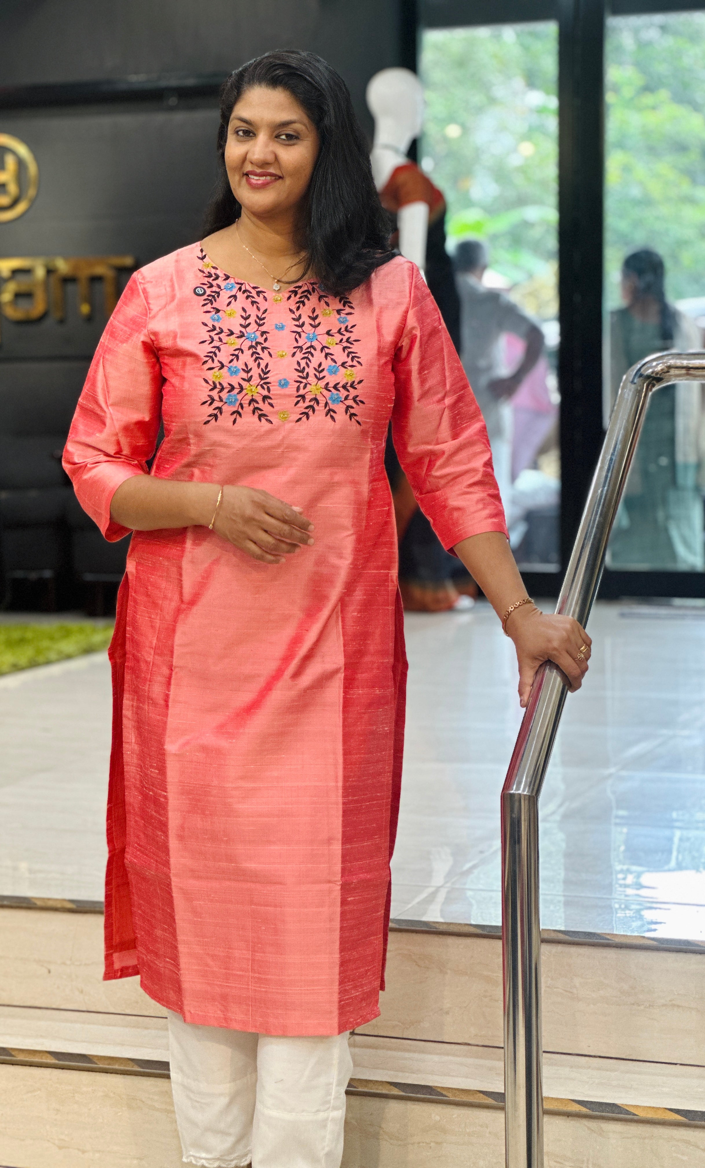 Floral Embroidery Raw Silk Kurta | DNT1215