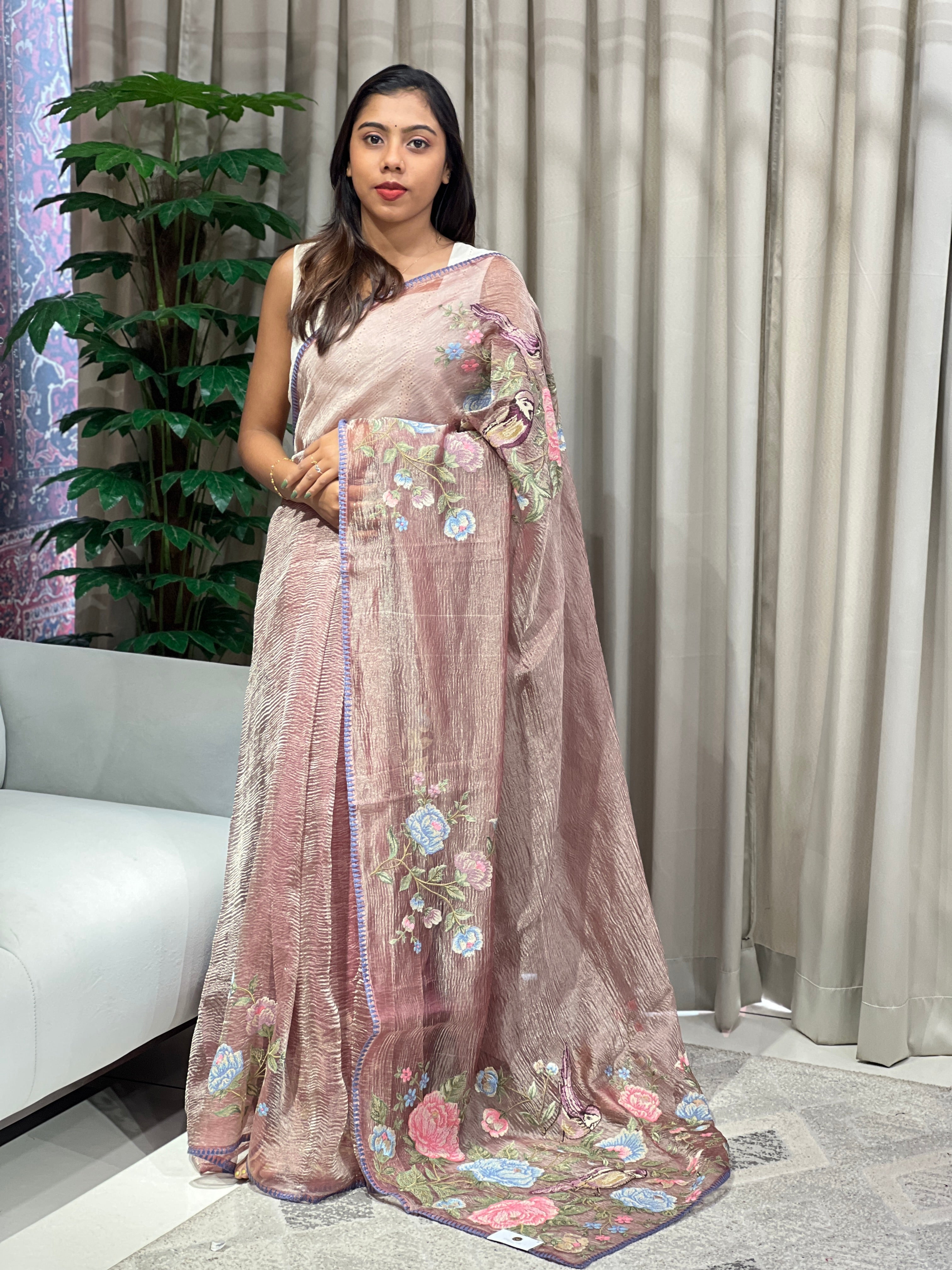 Cross Stitch Embroidered Crushed Shimmer Organza Saree | RGD984R