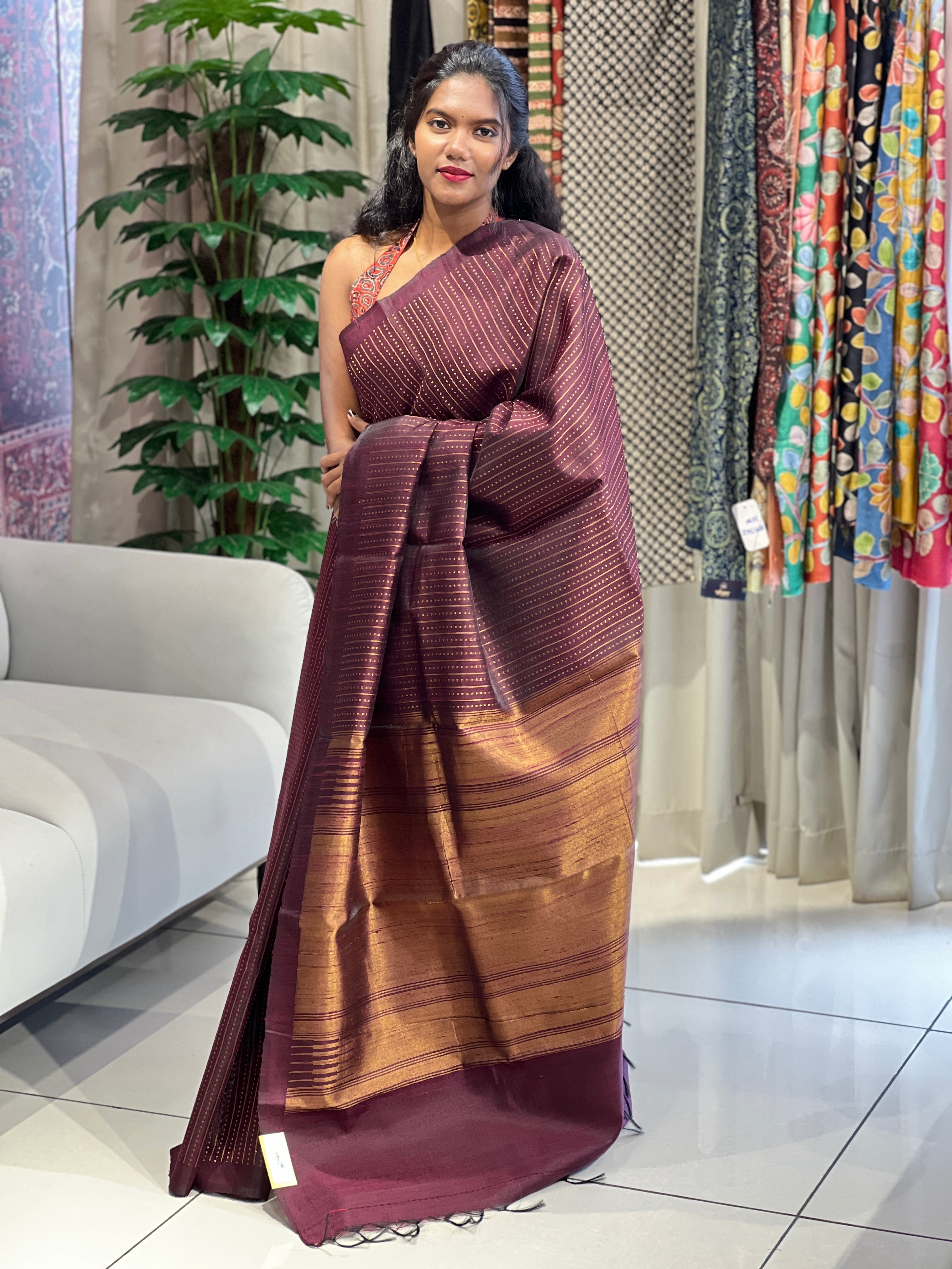 Line Woven Raw Silk Saree | HS1311