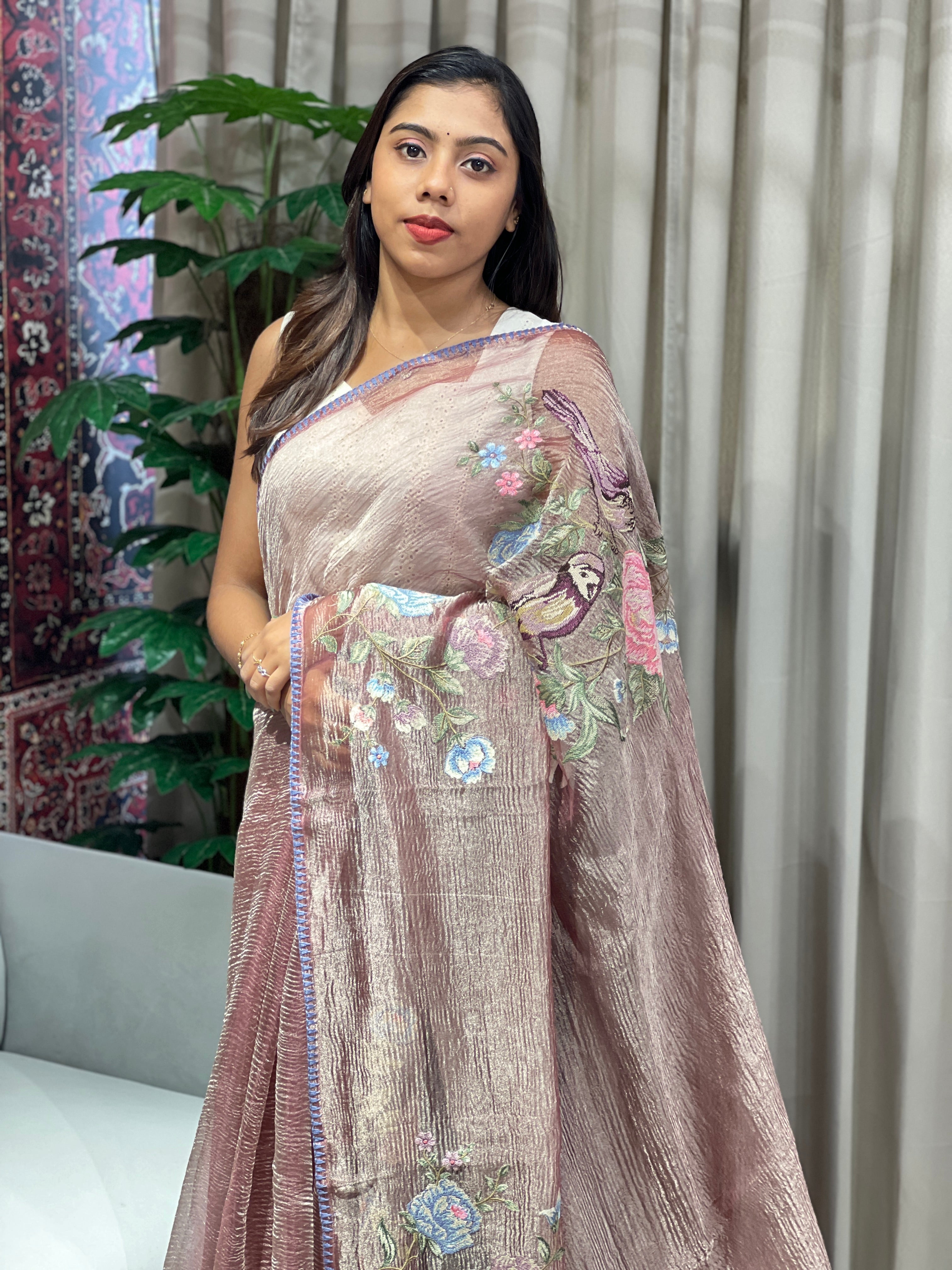 Cross Stitch Embroidered Crushed Shimmer Organza Saree | RGD984R