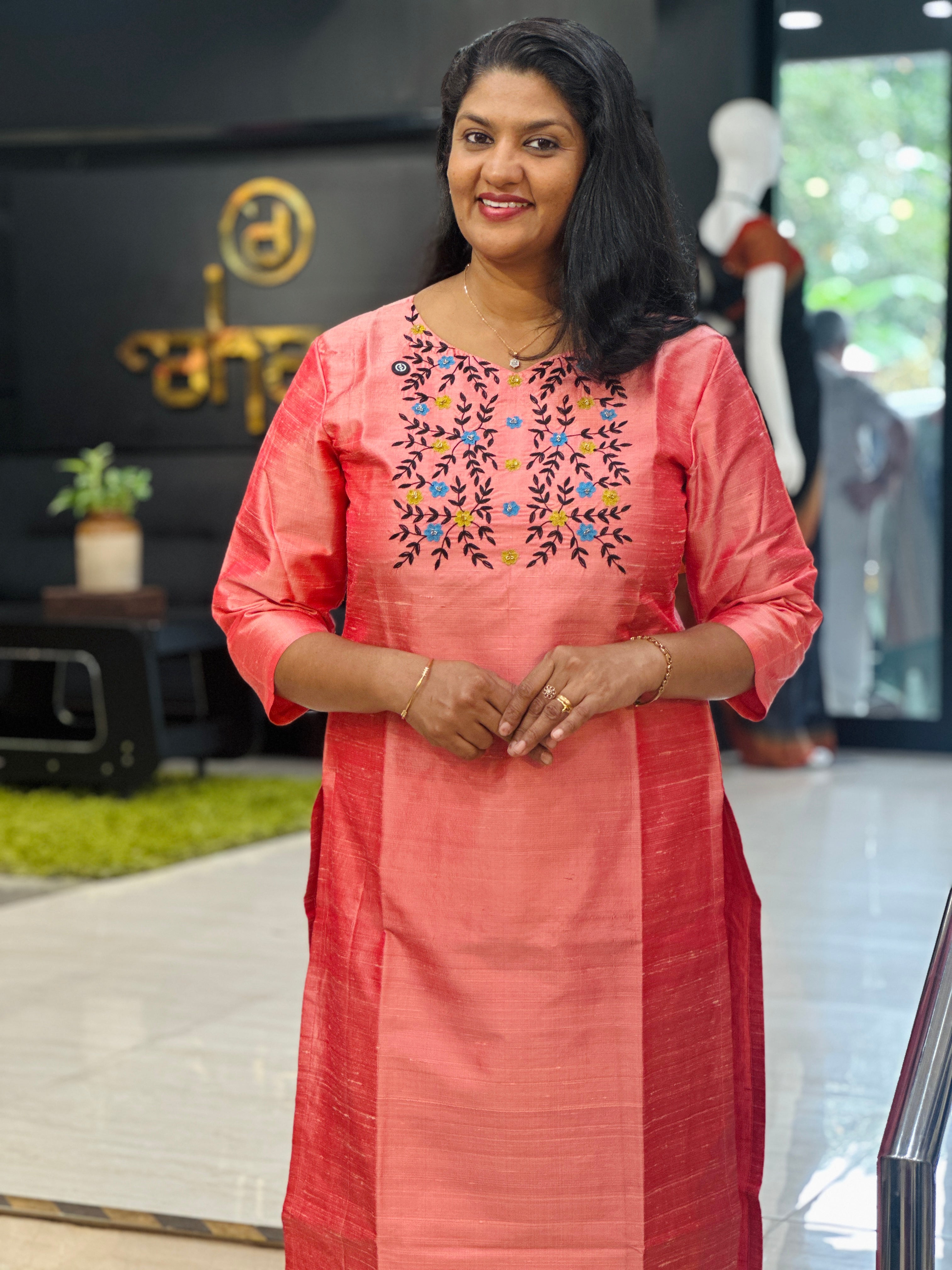 Floral Embroidery Raw Silk Kurta | DNT1215