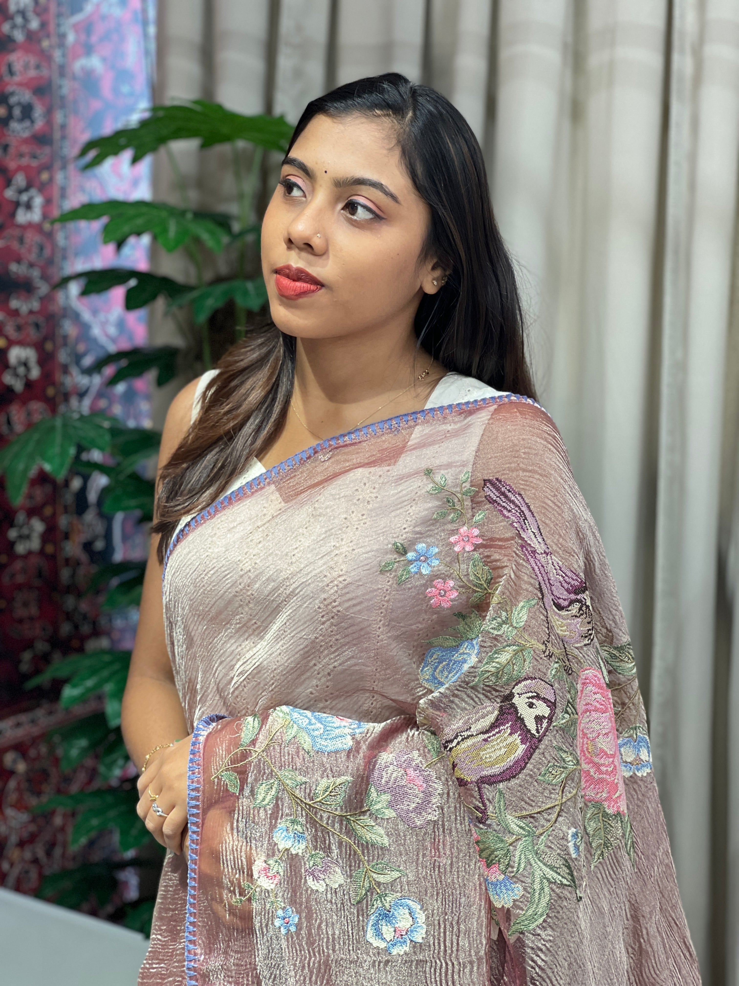 Cross Stitch Embroidered Crushed Shimmer Organza Saree | RGD984R