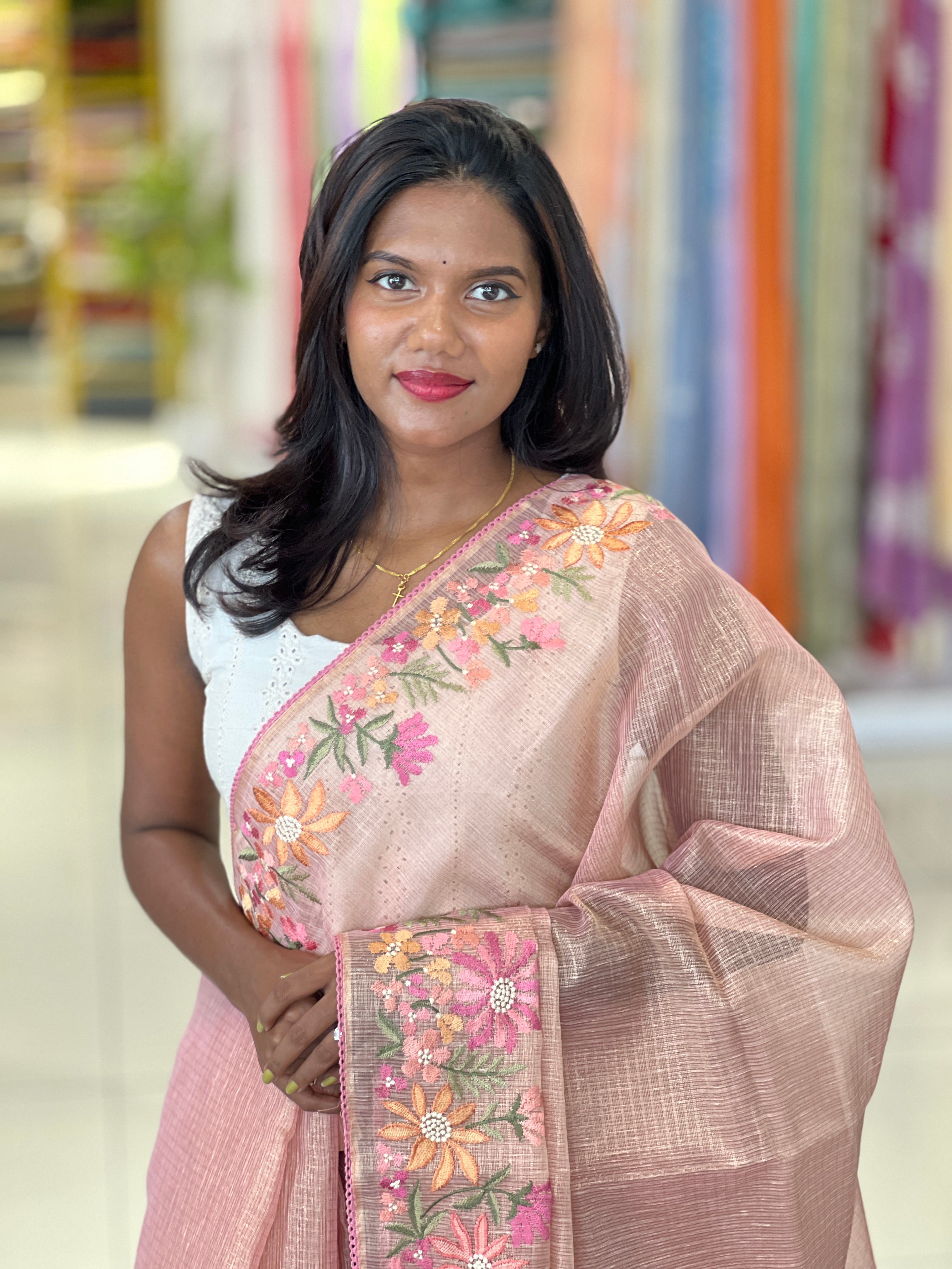 Floral Embroidery Detailed Tissue Kota Saree | PKS213