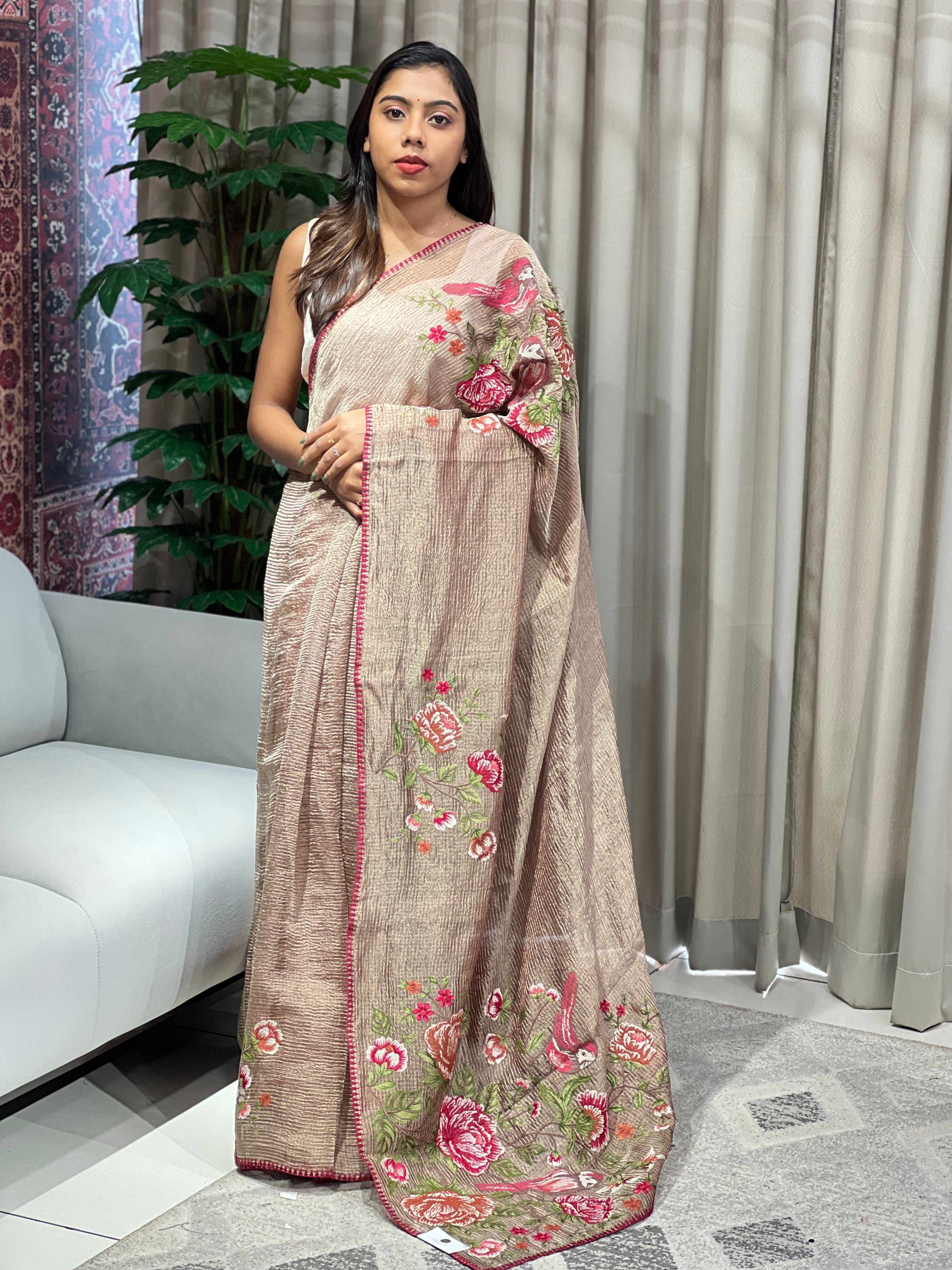 Cross Stitch Embroidered Crushed Shimmer Organza Saree | RGD983R