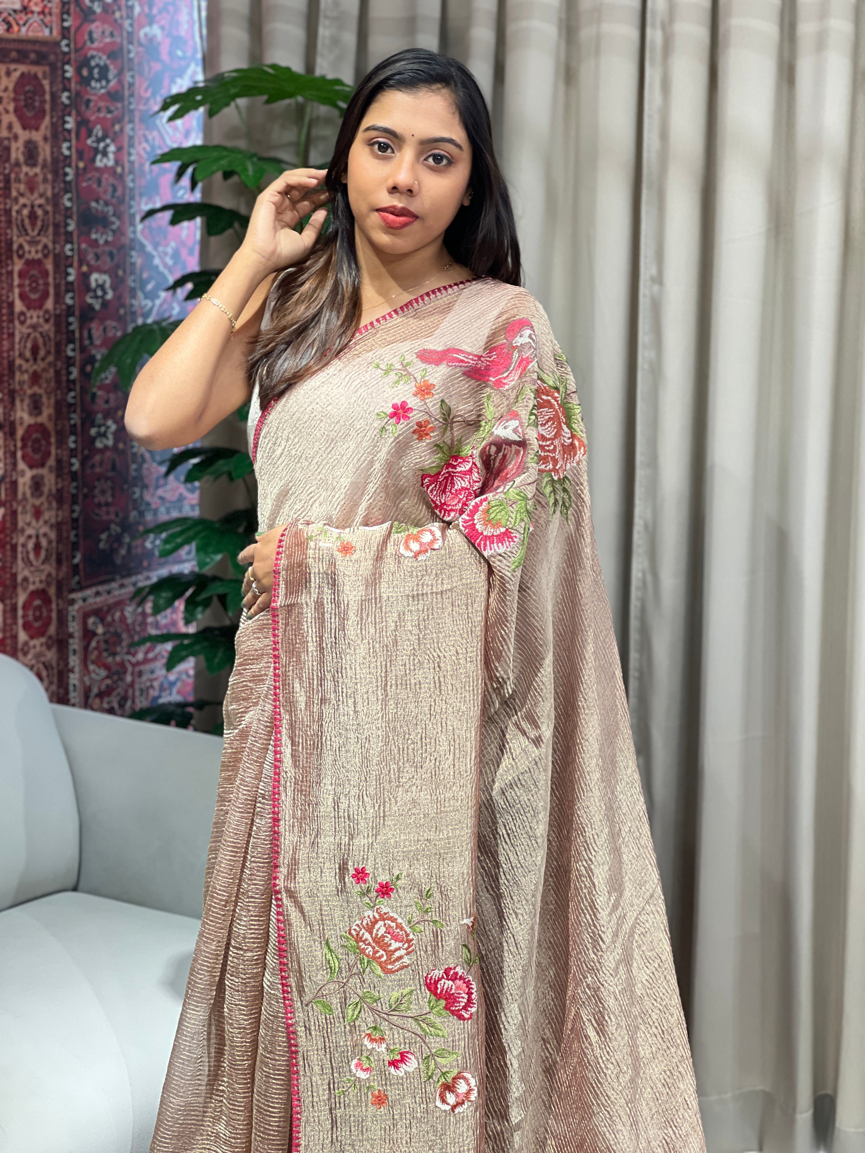 Cross Stitch Embroidered Crushed Shimmer Organza Saree | RGD983R