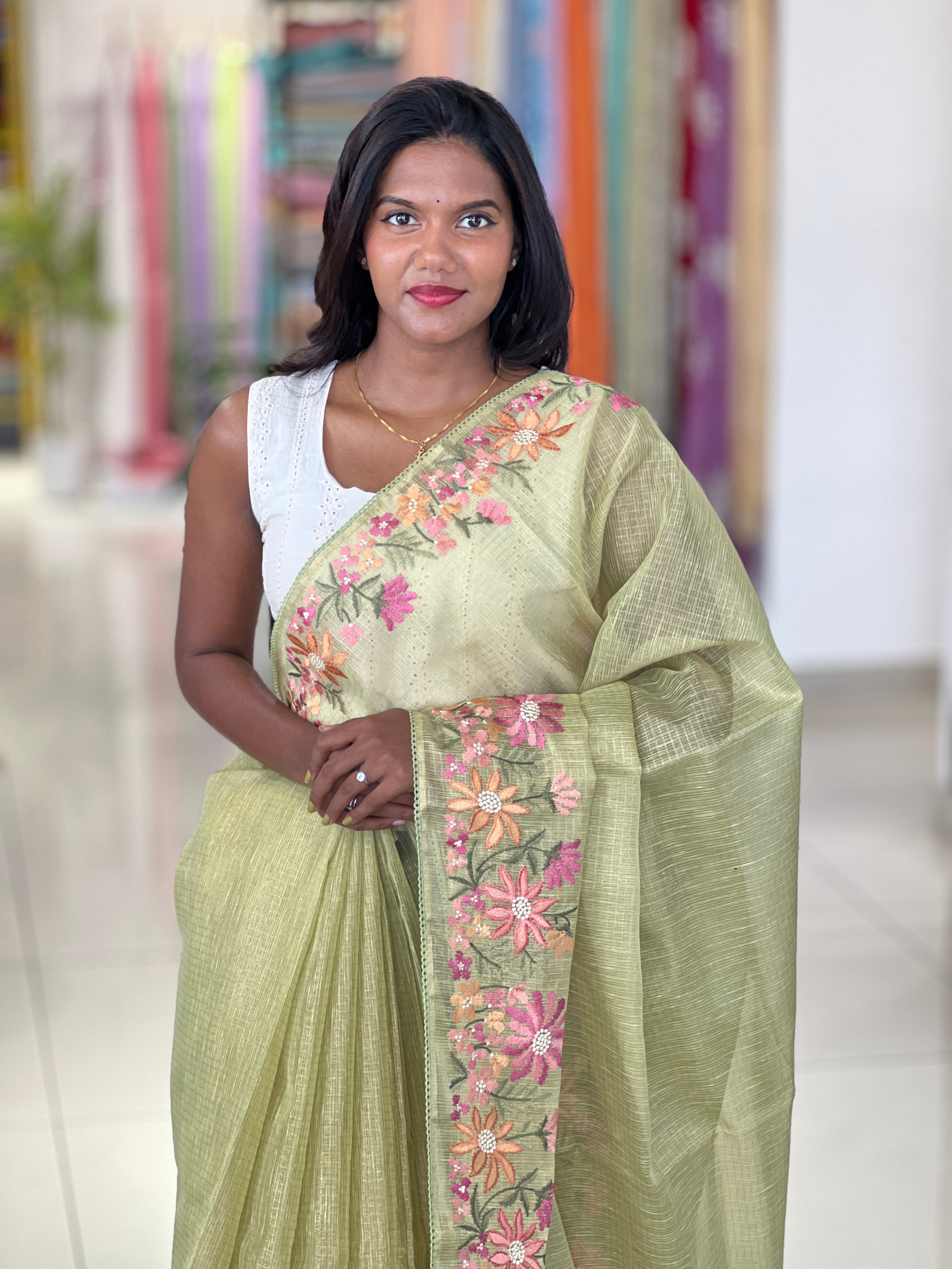 Floral Embroidery Detailed Tissue Kota Saree | PKS208