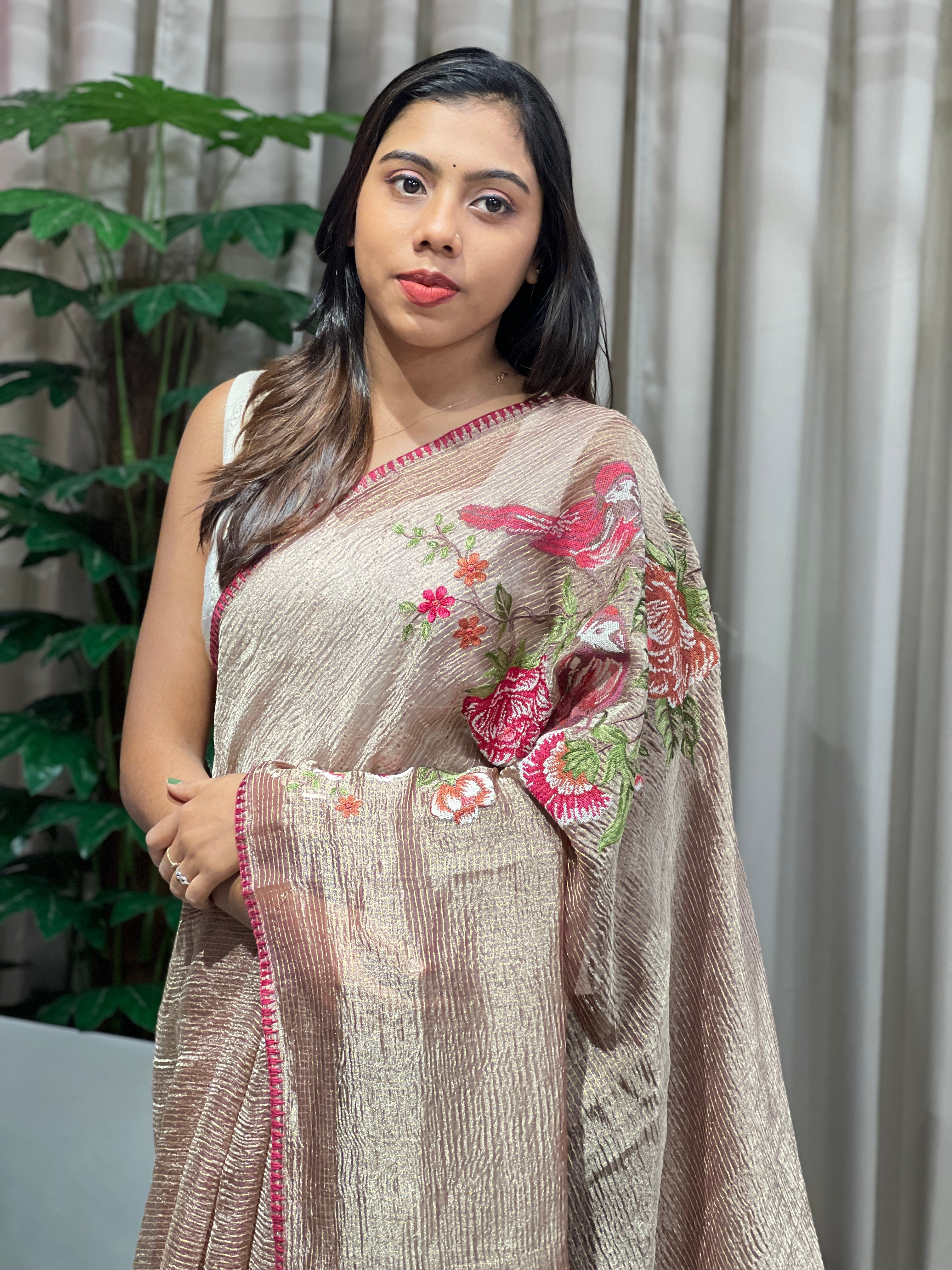 Cross Stitch Embroidered Crushed Shimmer Organza Saree | RGD983R