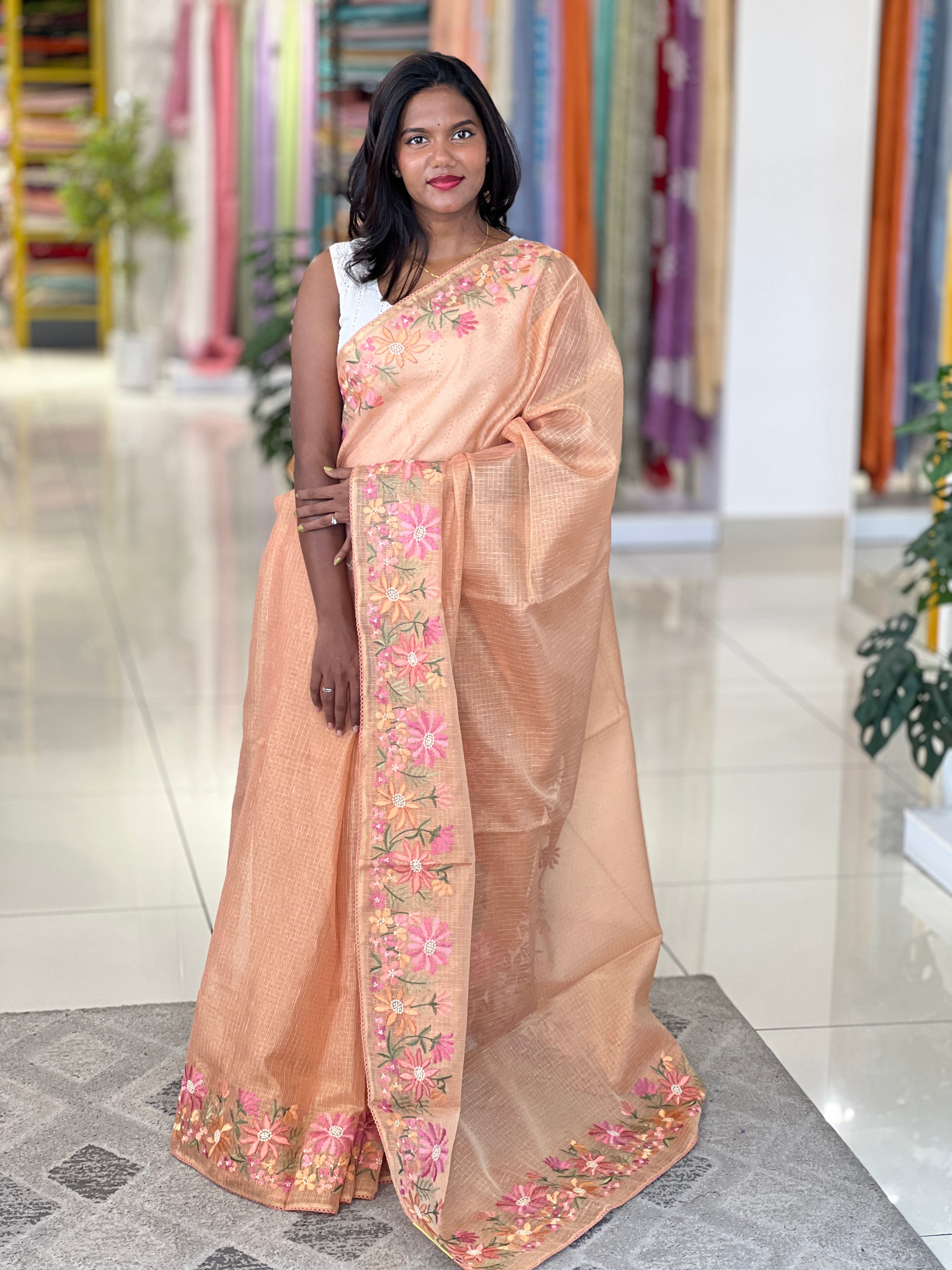 Floral Embroidery Detailed Tissue Kota Saree | PKS212