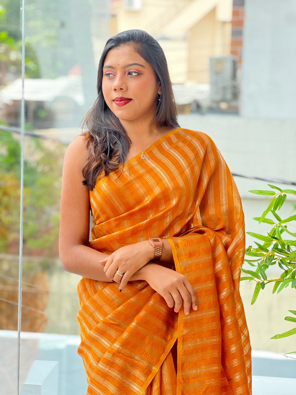 Stripe Woven Pattern Organza Saree | MB176