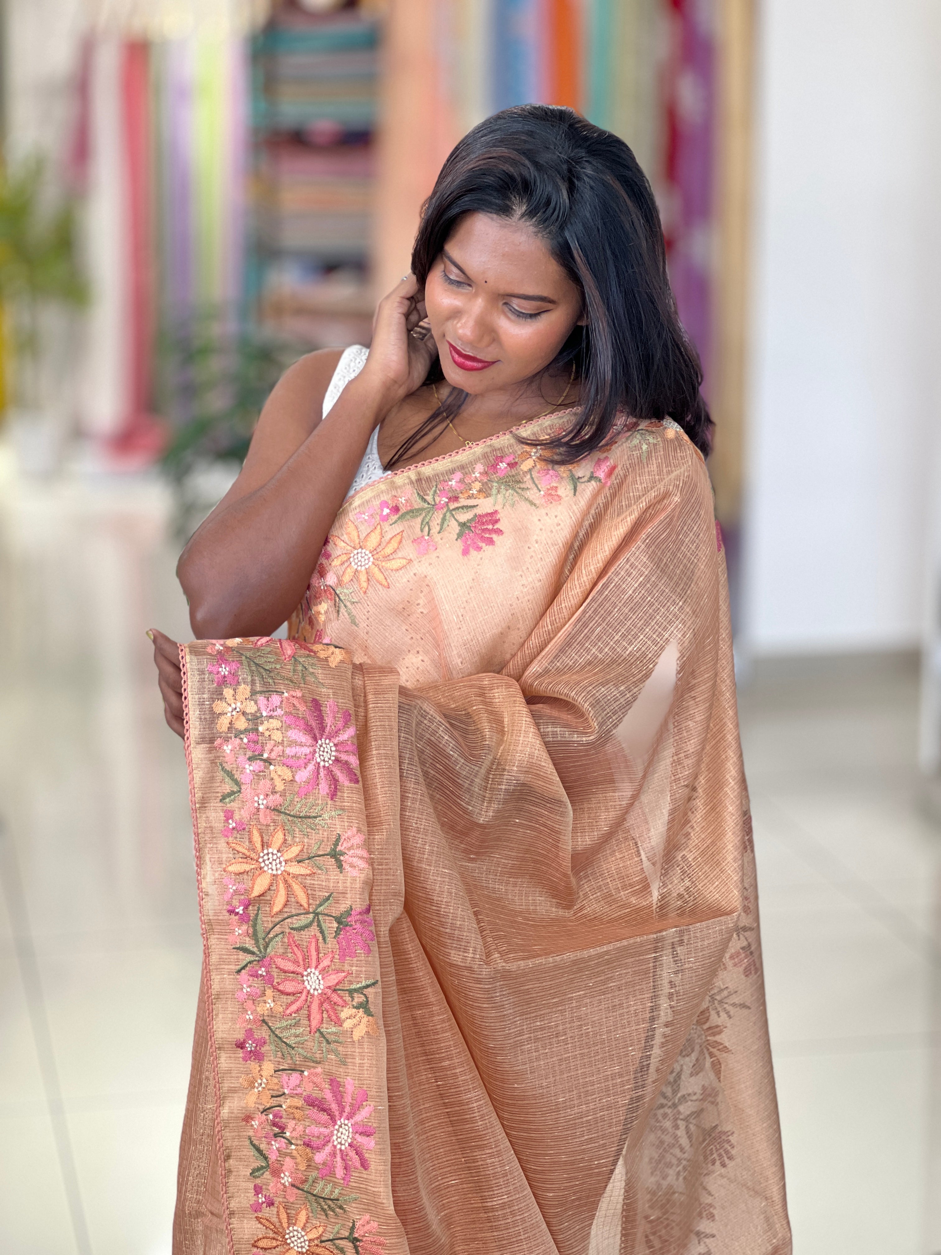 Floral Embroidery Detailed Tissue Kota Saree | PKS212