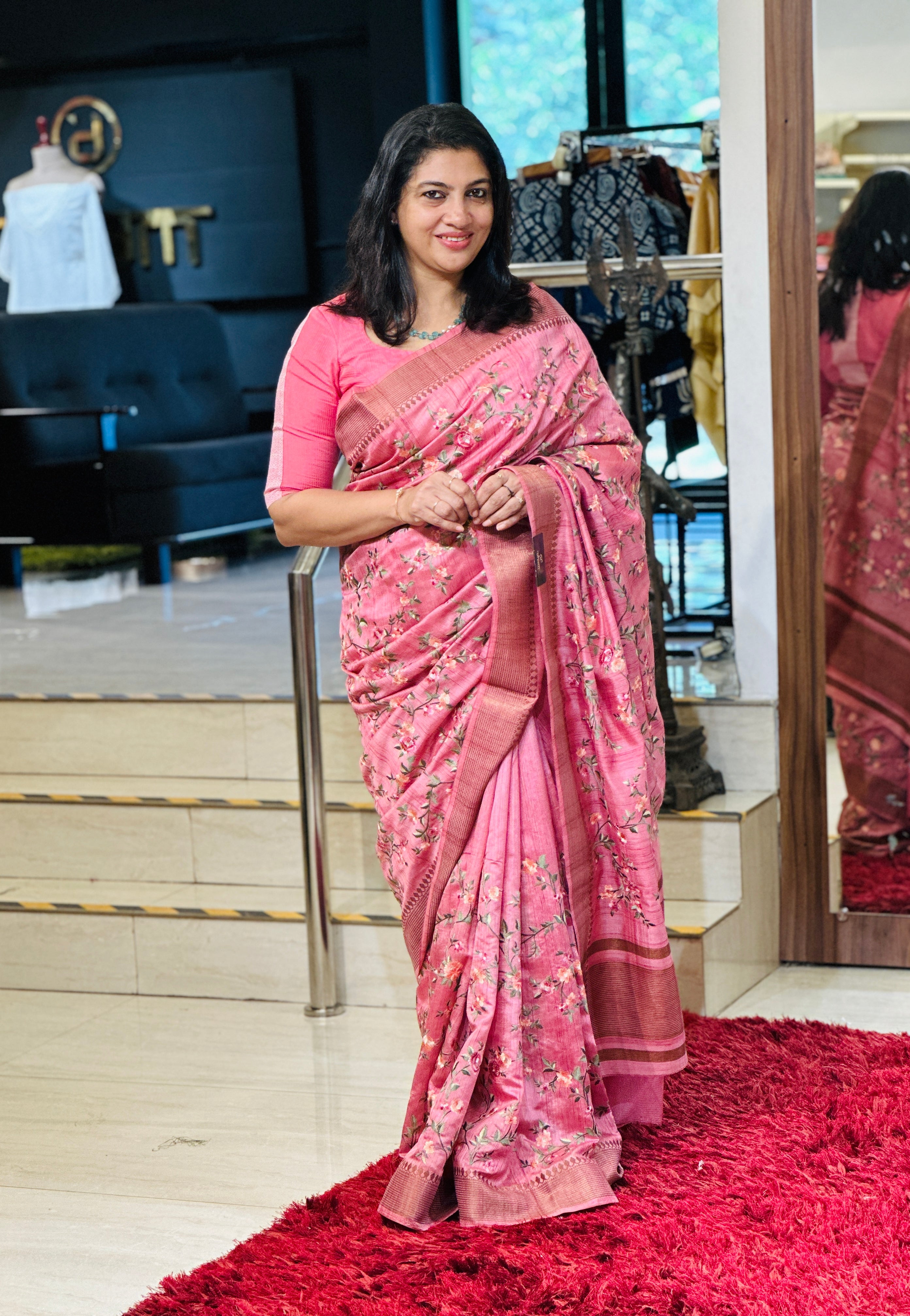 Floral Embroidery With Zari Border Detailed Semi Tussar Saree | SUN352