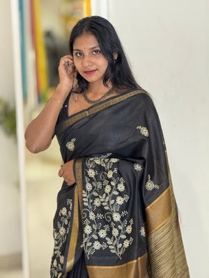 Floral Embroidery Bhagalpuri Linen Saree | NHH461