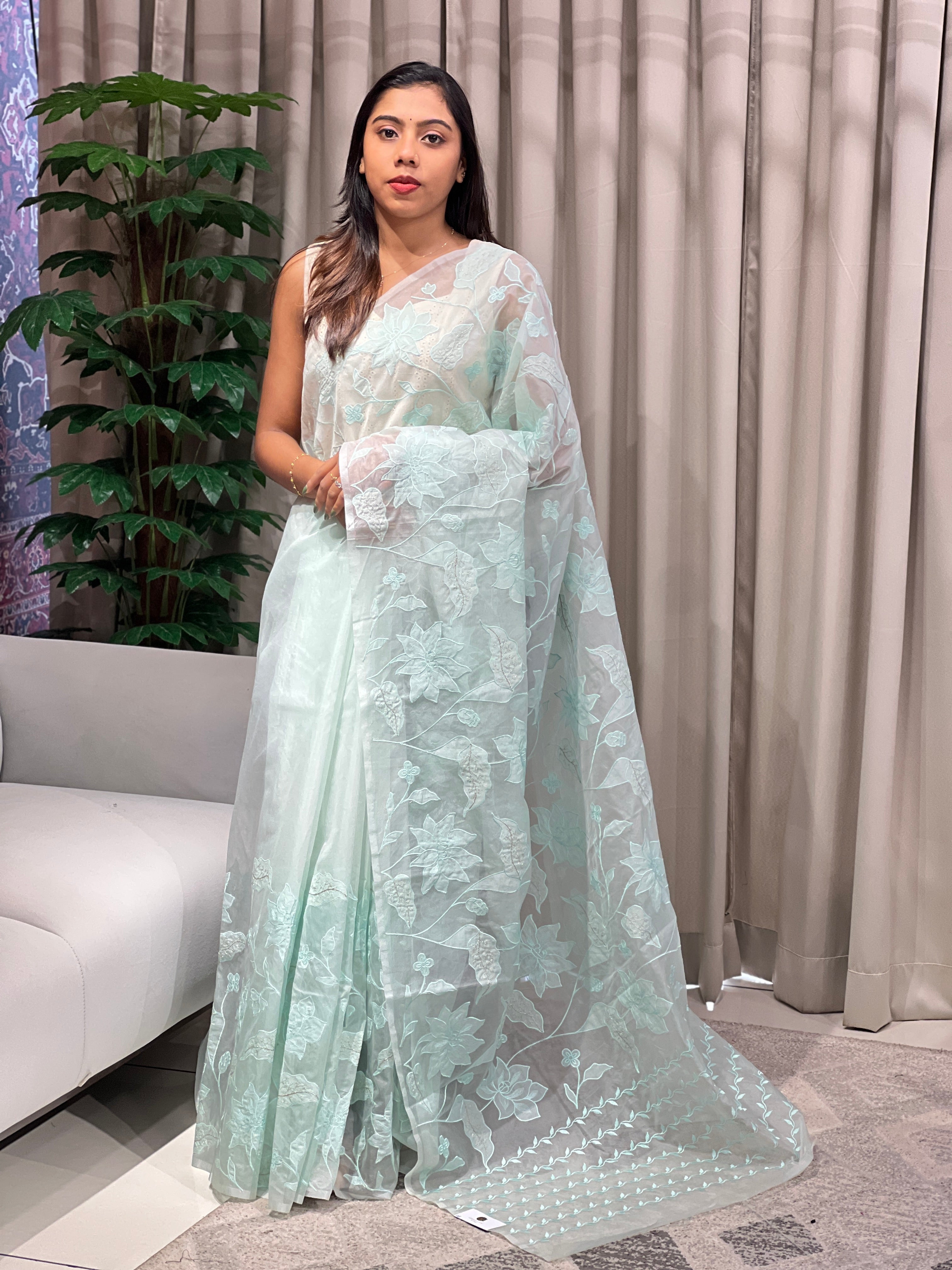 Floral Applique Detailed Organza Saree | MM261