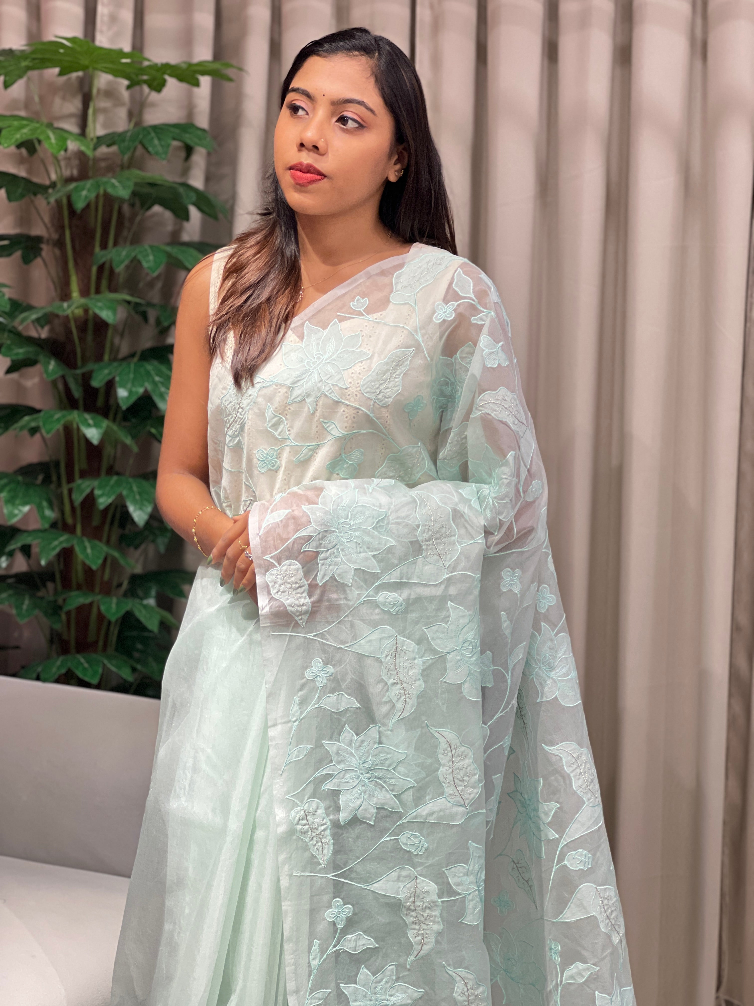 Floral Applique Detailed Organza Saree | MM261