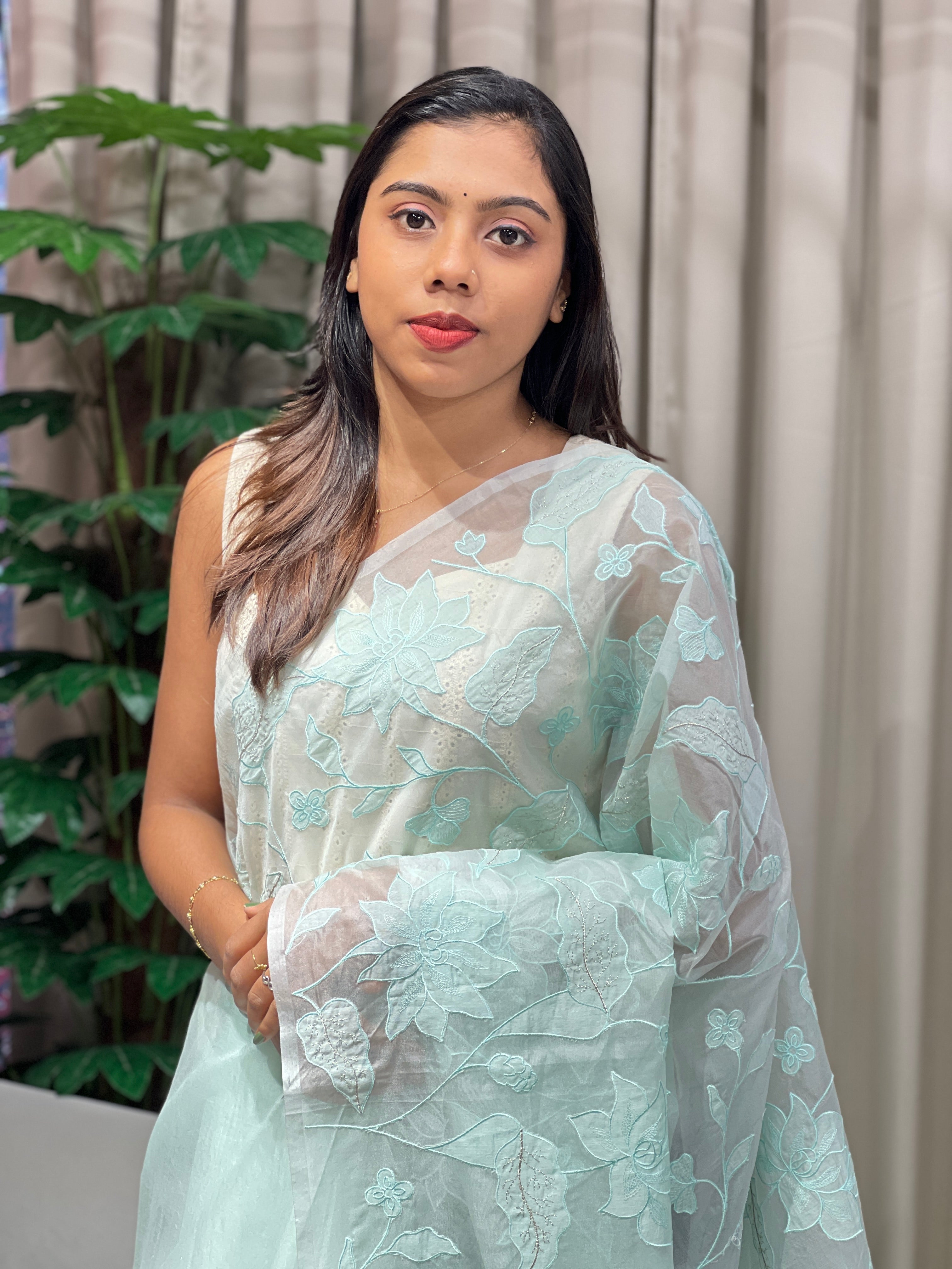 Floral Applique Detailed Organza Saree | MM261