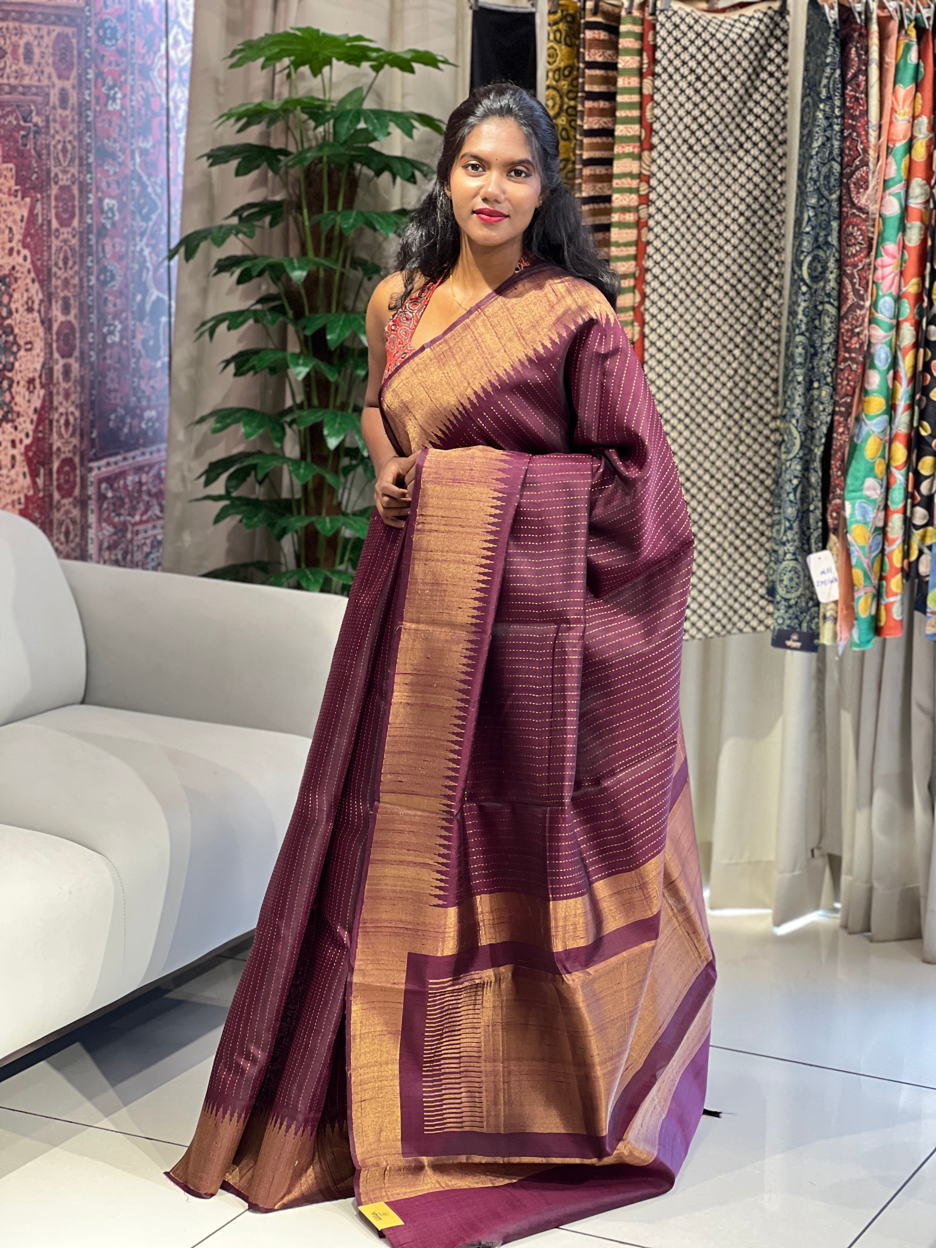 Zari Woven Temple Border Detailed Raw Silk Saree | HS1254