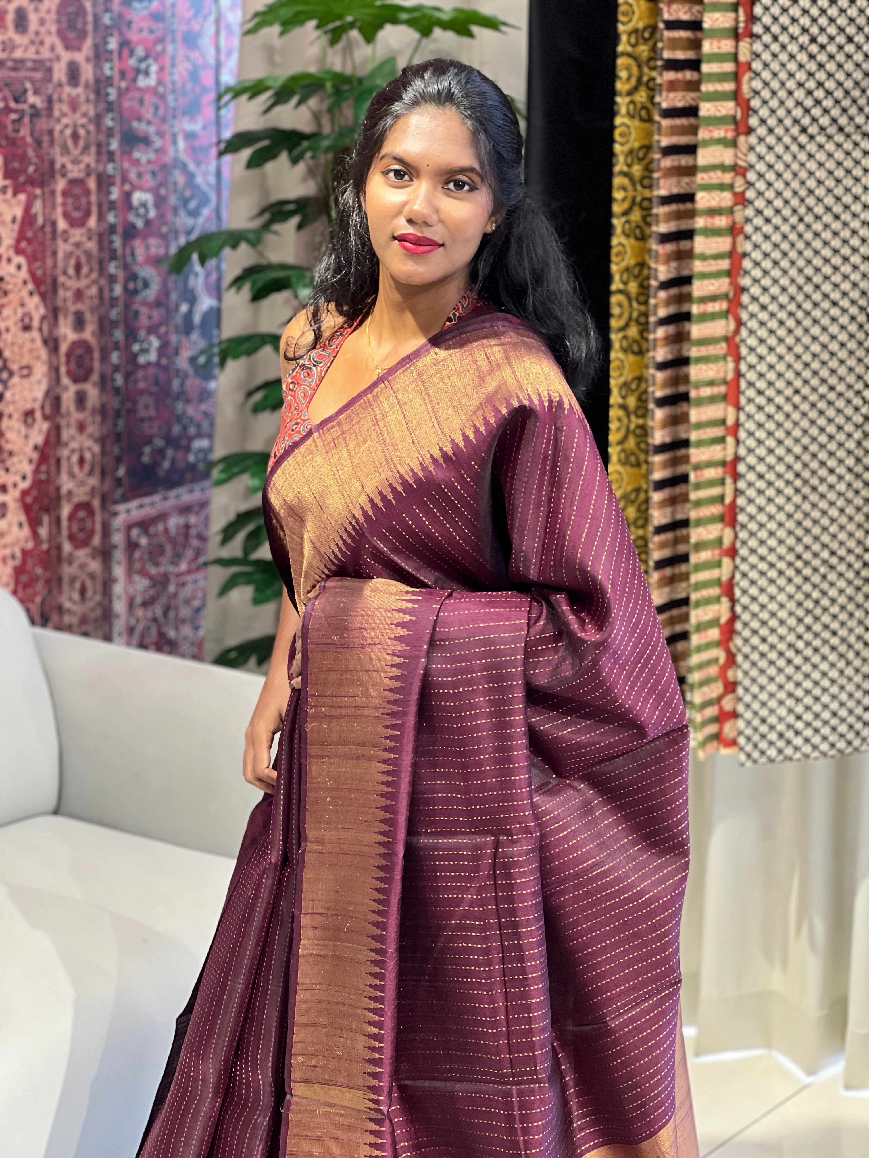 Zari Woven Temple Border Detailed Raw Silk Saree | HS1254