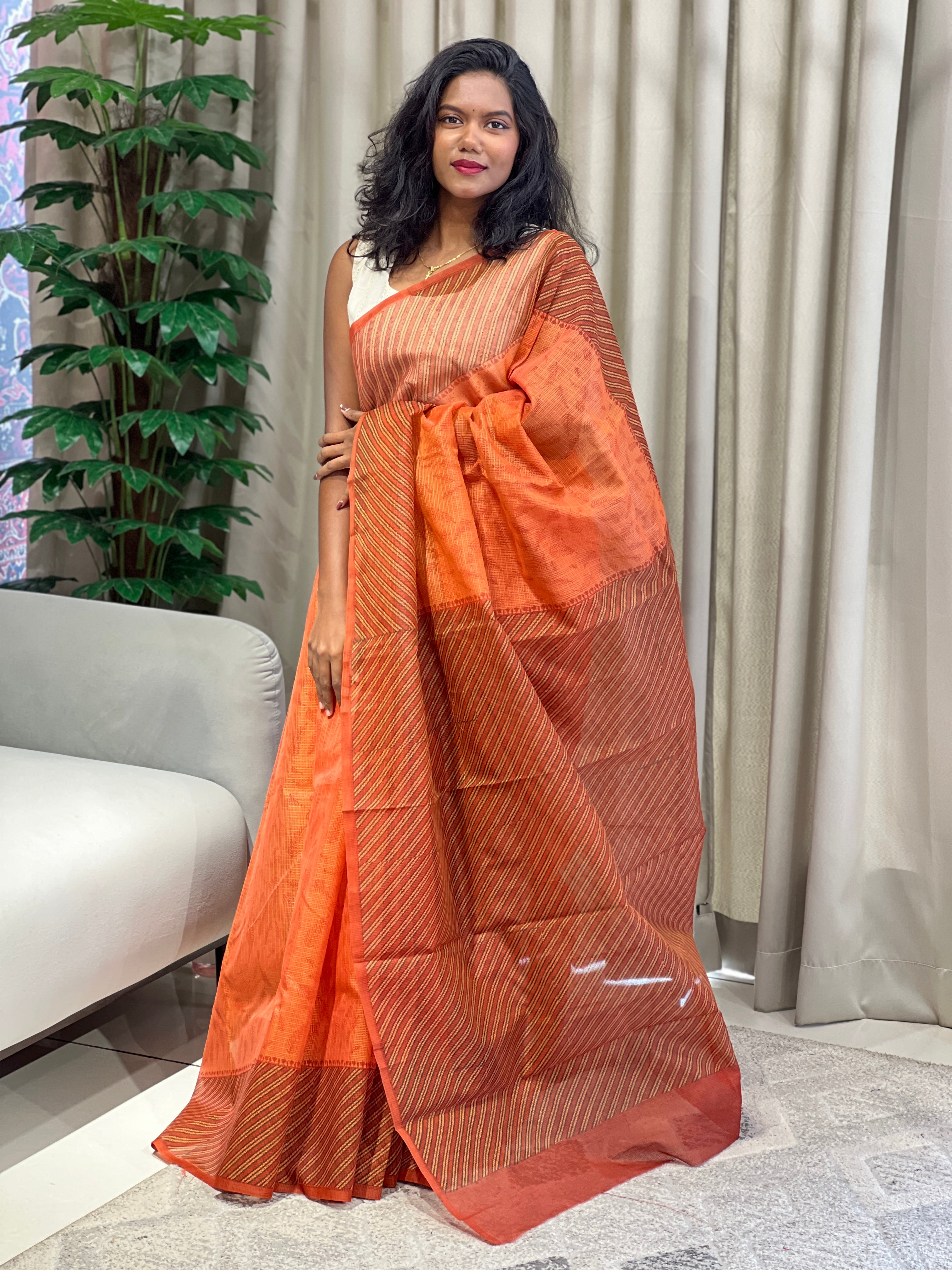 Stripes Printed Muga Check Organza Saree | JSC539