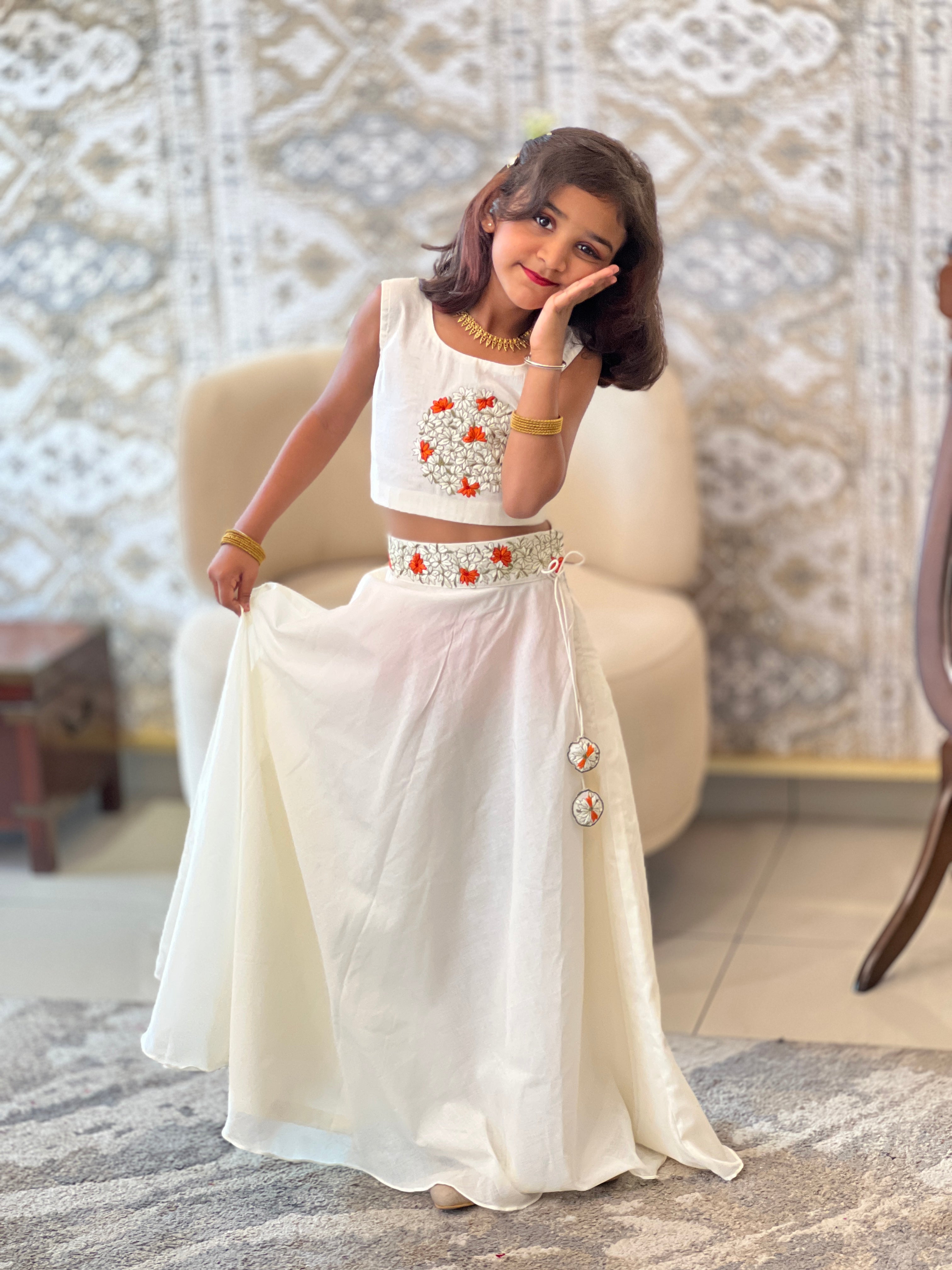 Kanakamulla Editz :-Floral Embroidered Crop Top & Skirt  (Un Stitched ) | OMKMC104
