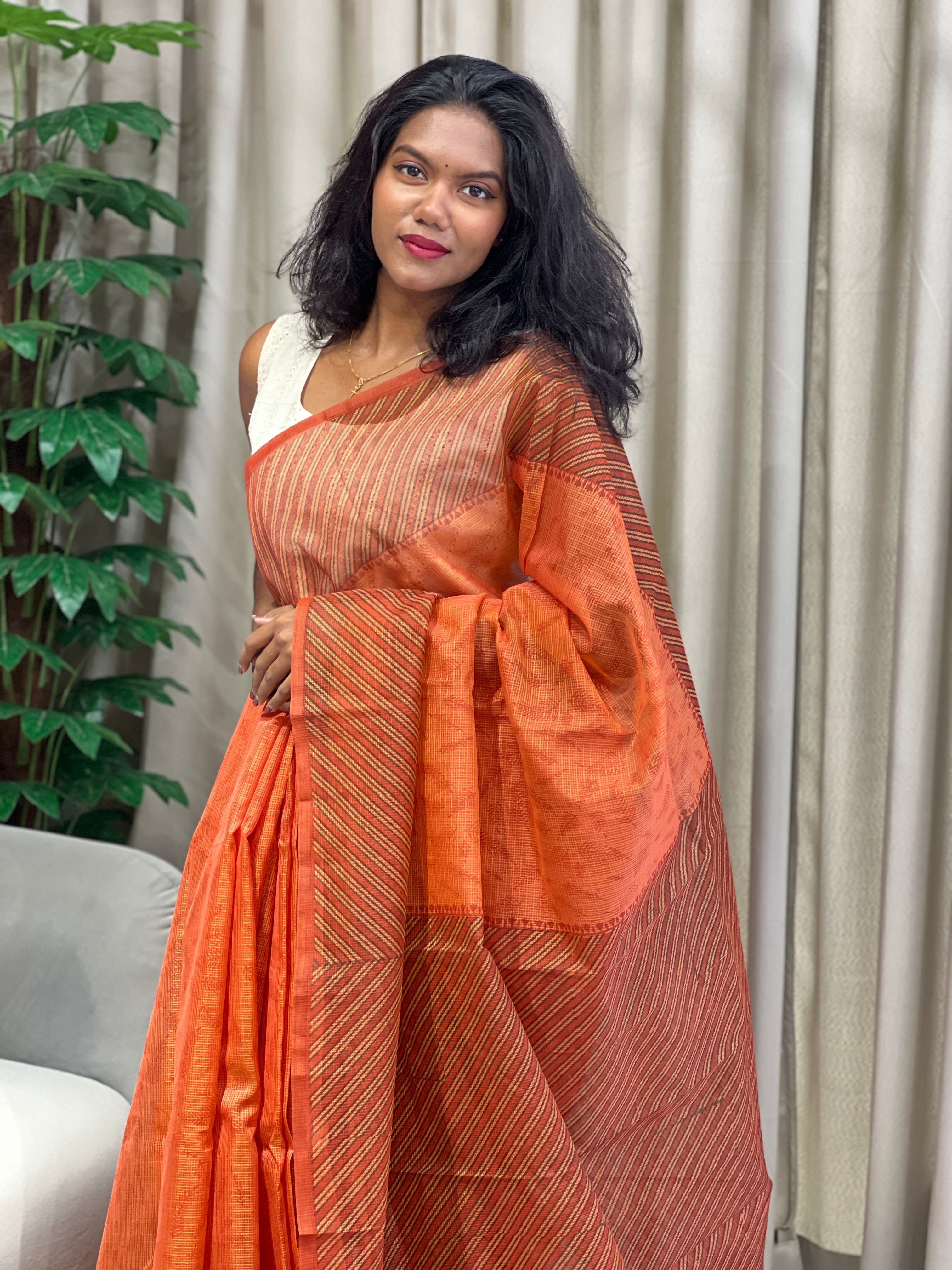 Stripes Printed Muga Check Organza Saree | JSC539