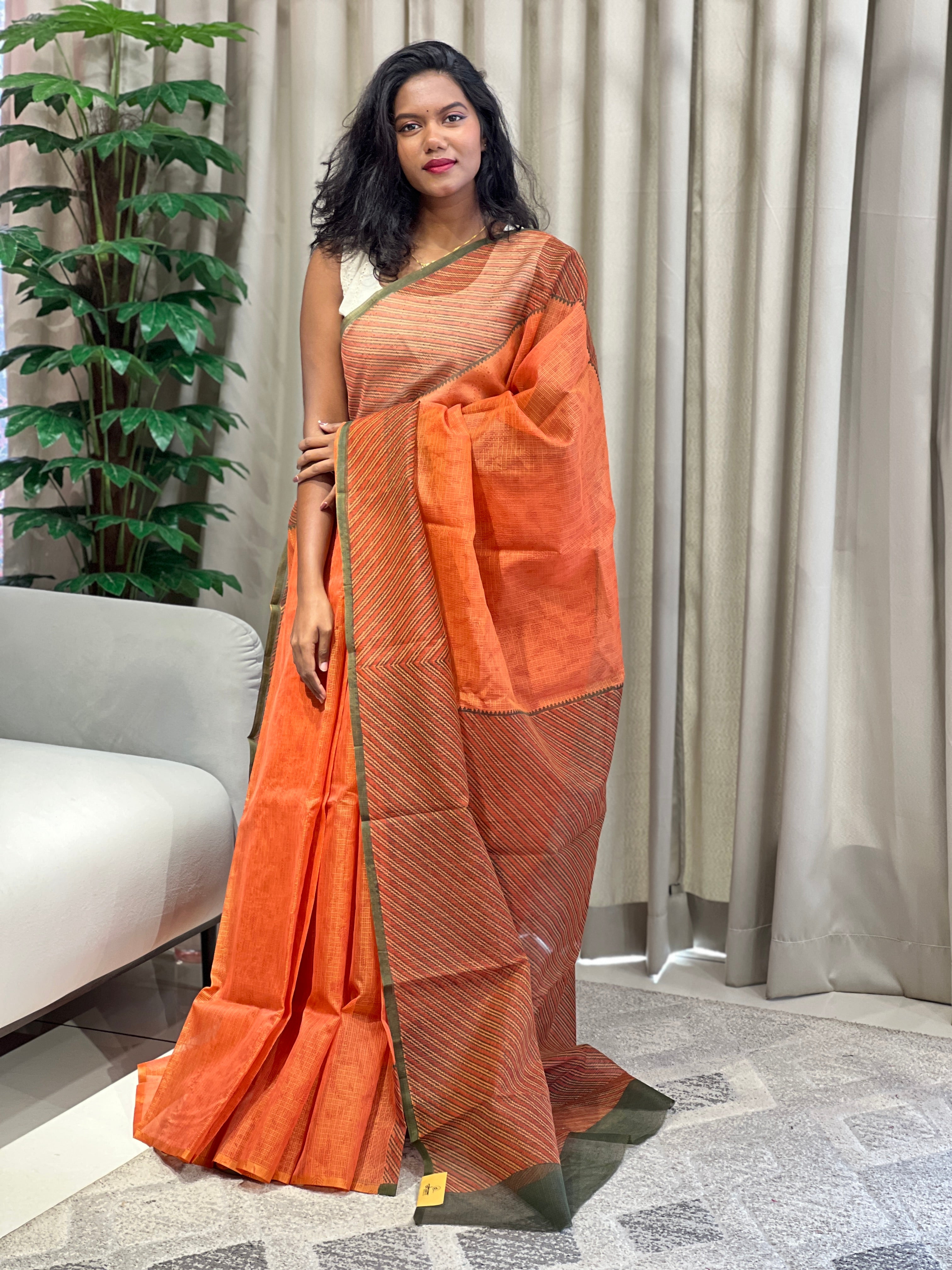 Stripes Printed Muga Check Organza Saree | JSC538