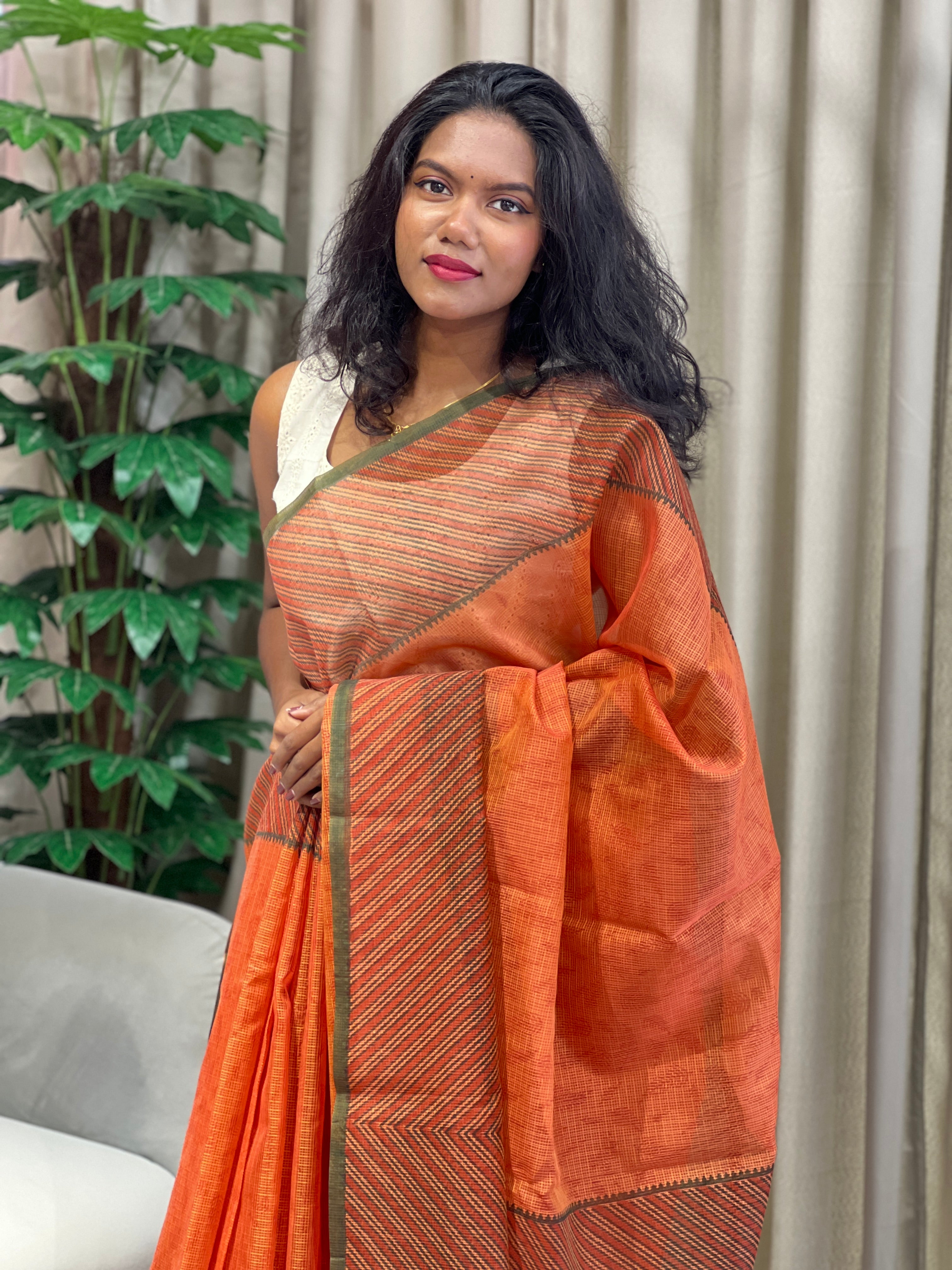 Stripes Printed Muga Check Organza Saree | JSC538