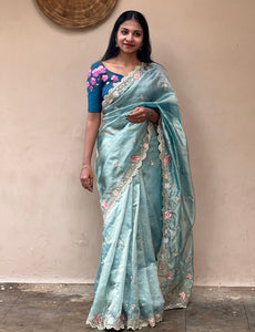 Scallop Cutwork Embroidery Crush Tissue Saree | DVS127