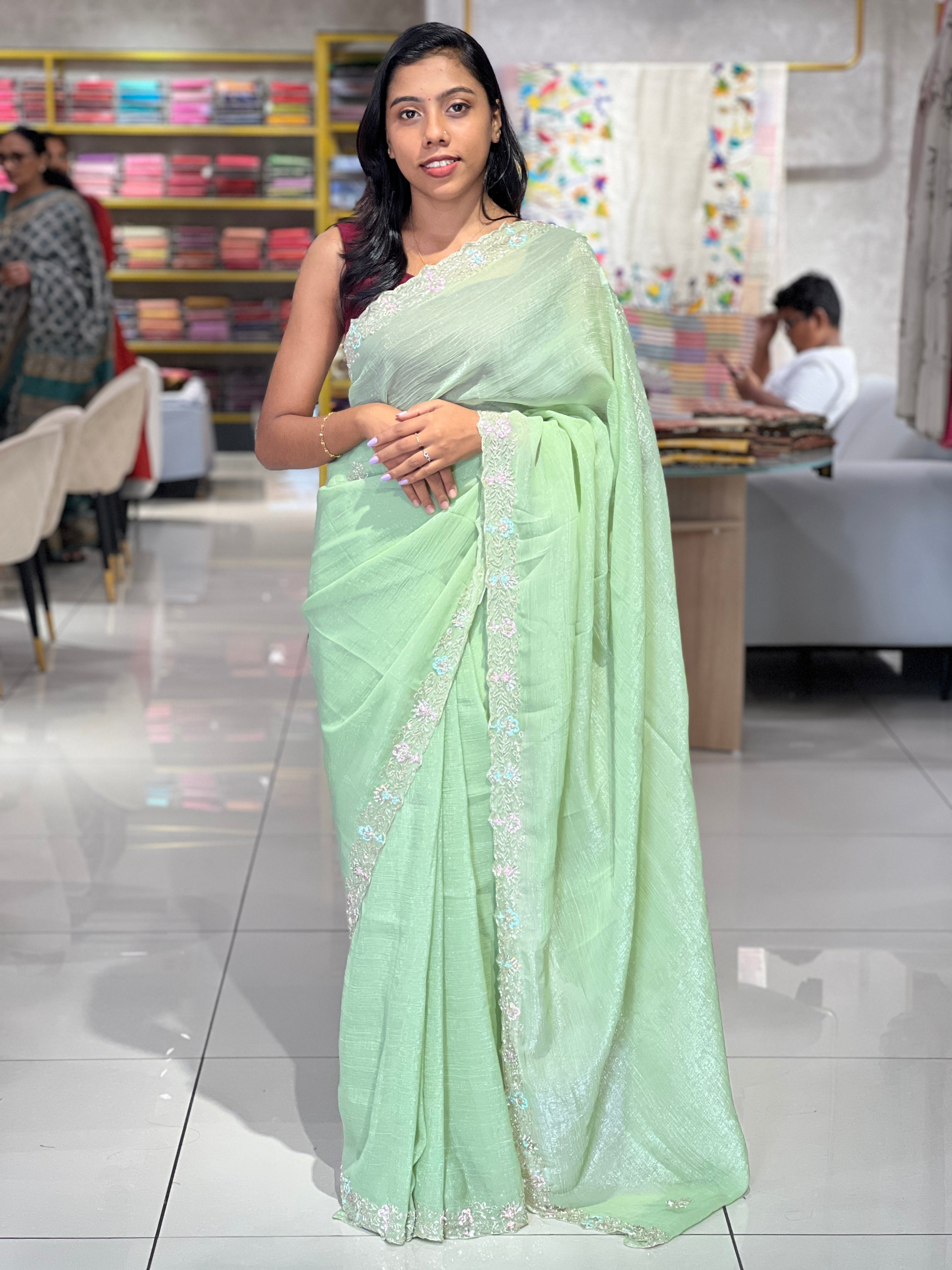 Embroidered Crushed Shimmer Organza Saree | SBP676