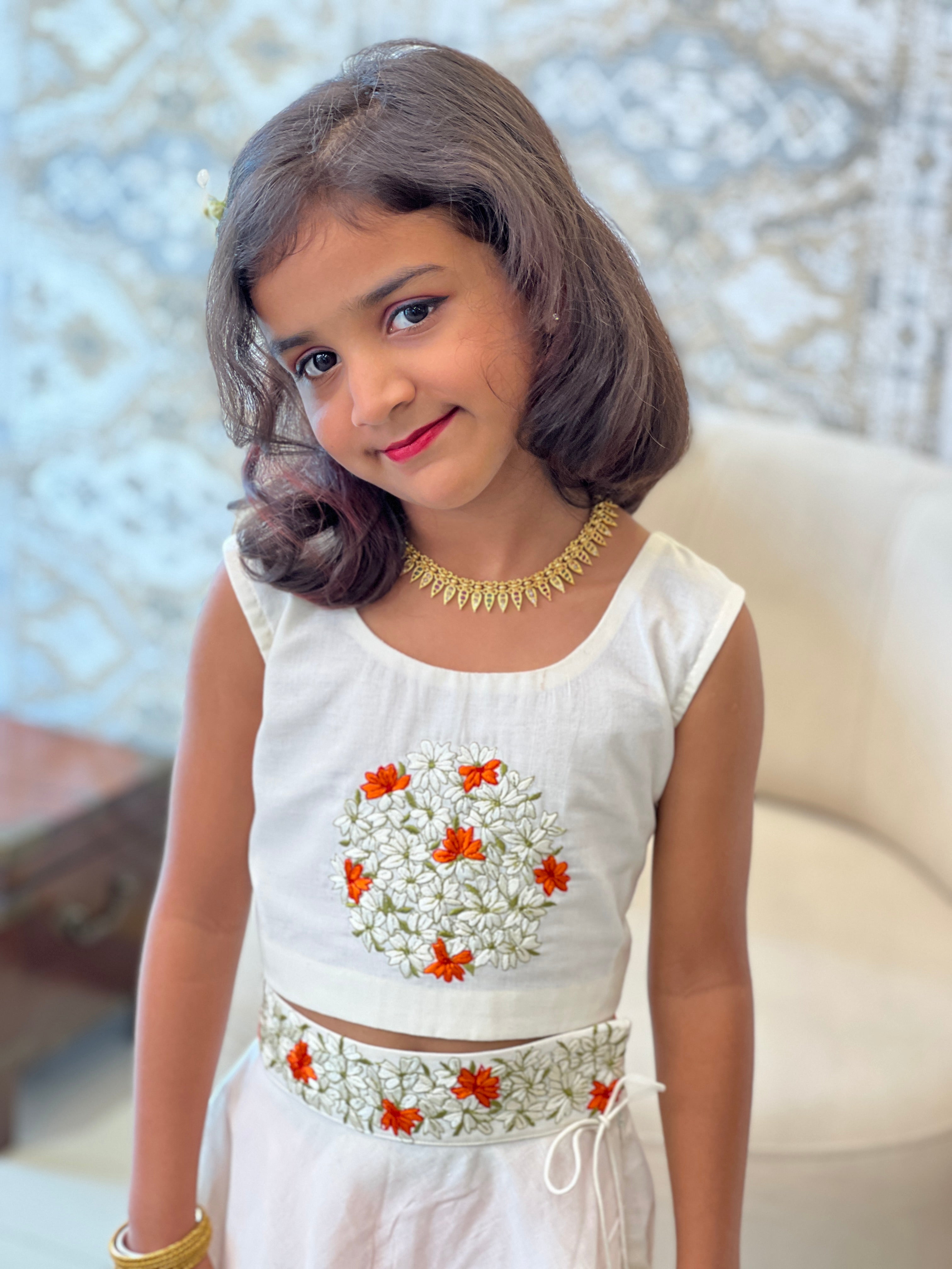 Kanakamulla Editz :-Floral Embroidered Crop Top & Skirt  (Un Stitched ) | OMKMC104