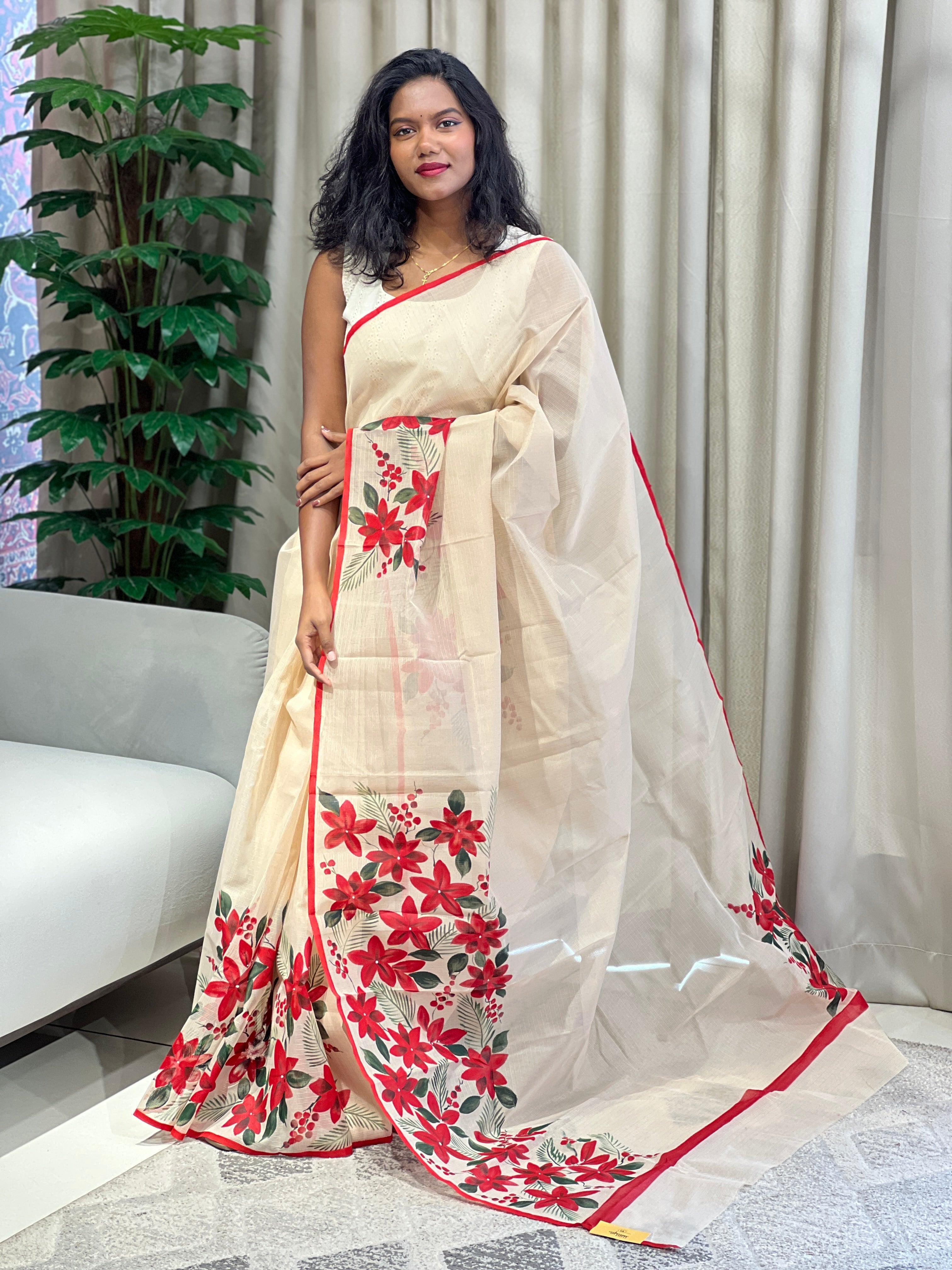 Floral Hand Painted Muga Check Organza Saree | JSC547