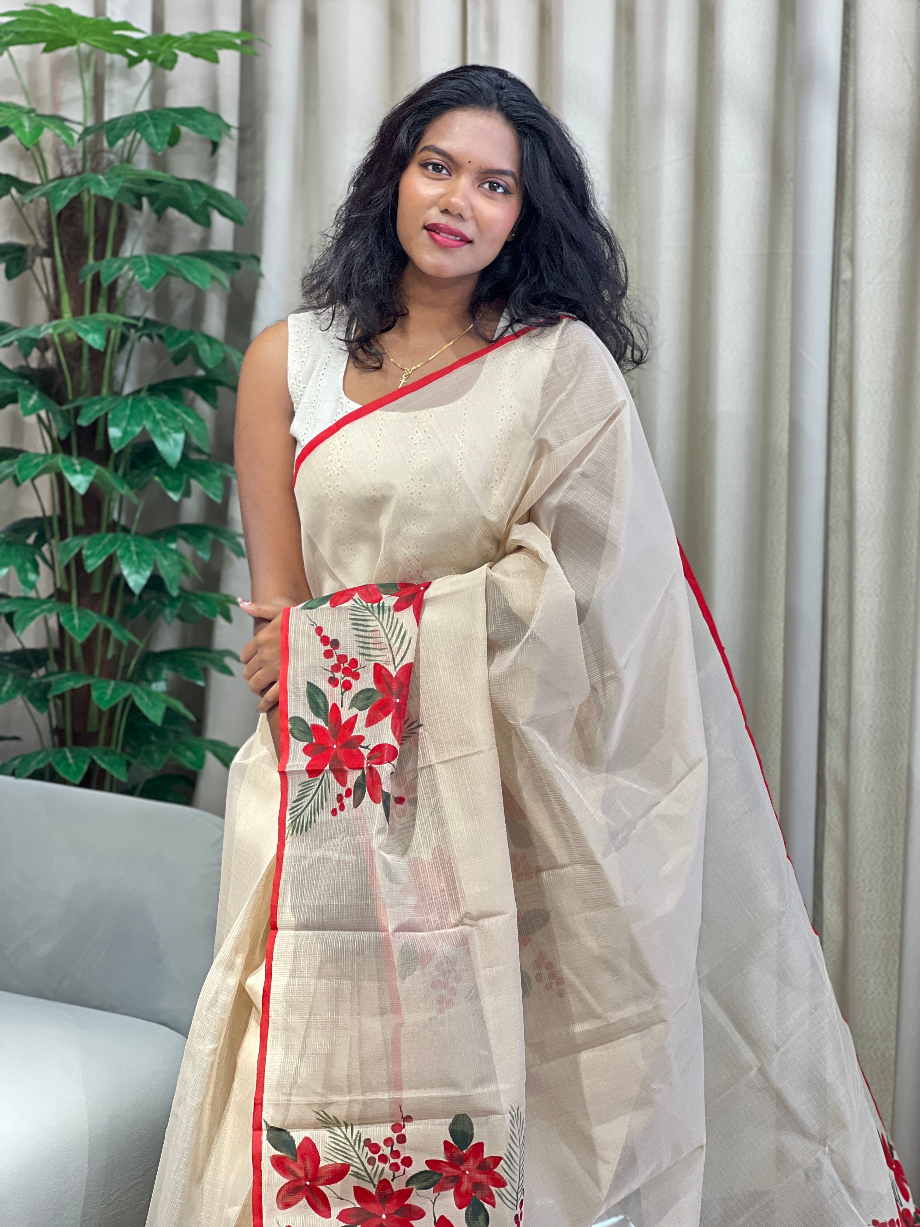 Floral Hand Painted Muga Check Organza Saree | JSC547