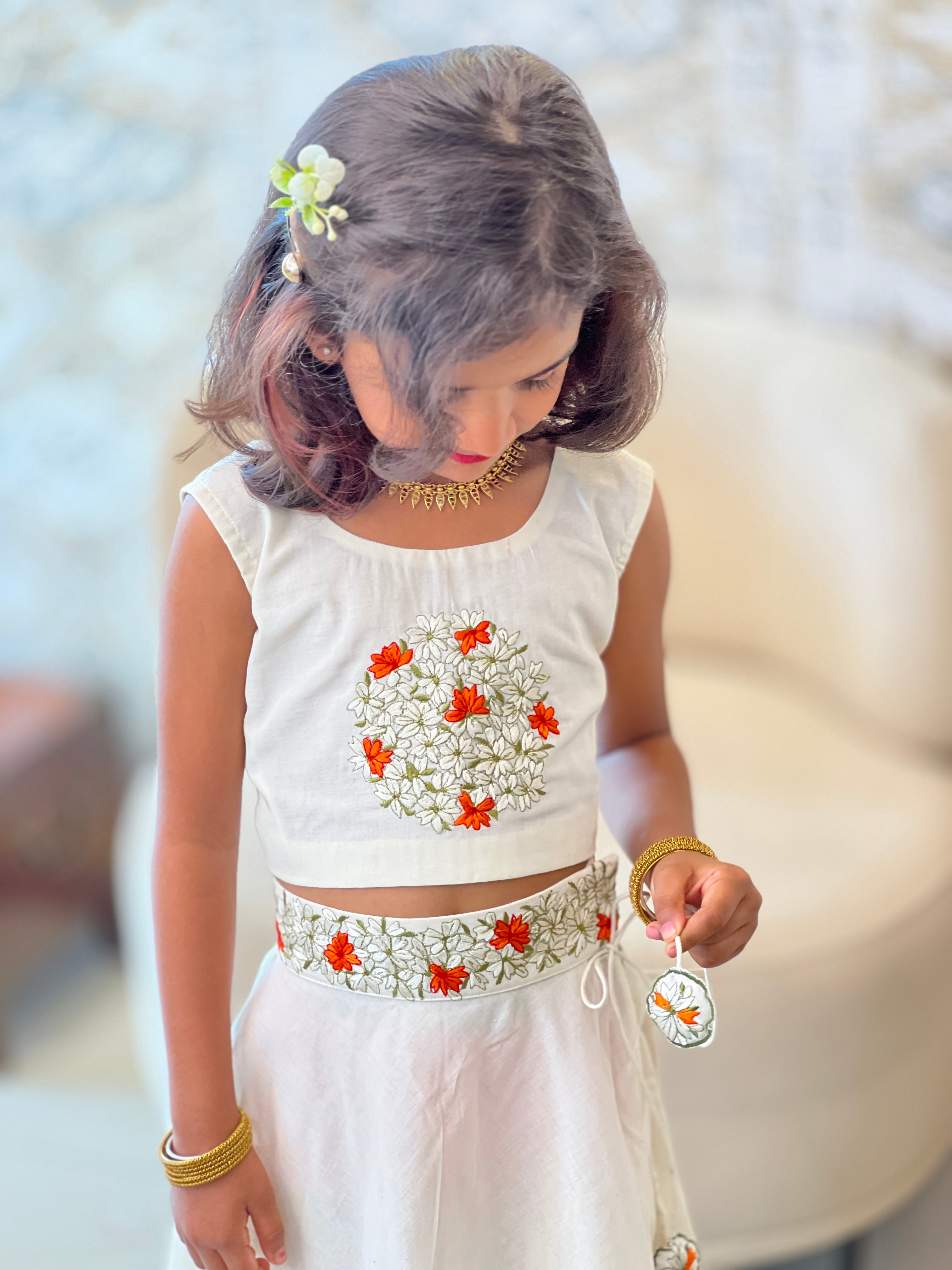 Kanakamulla Editz :-Floral Embroidered Crop Top & Skirt  (Un Stitched ) | OMKMC104