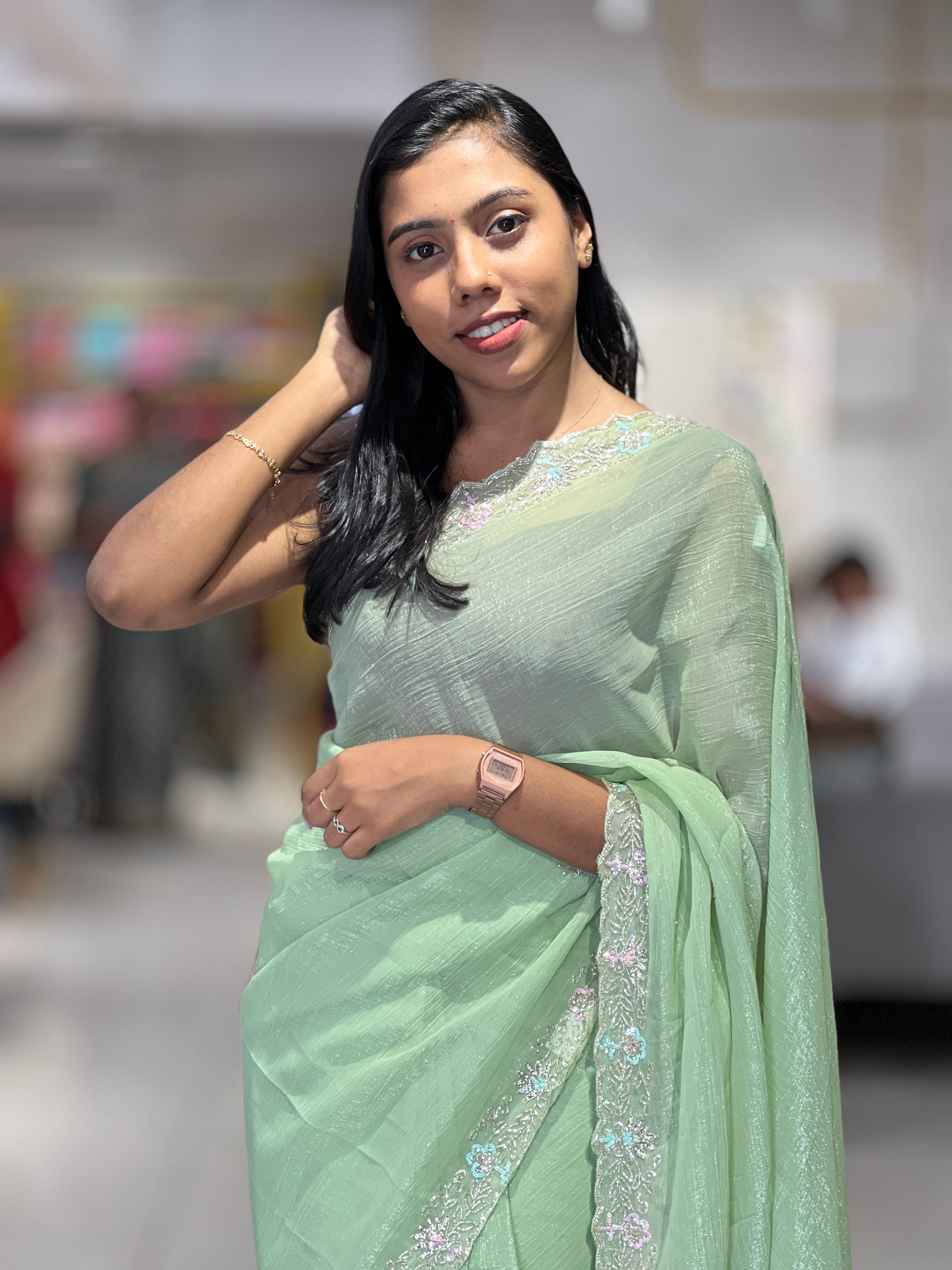 Embroidered Crushed Shimmer Organza Saree | SBP676
