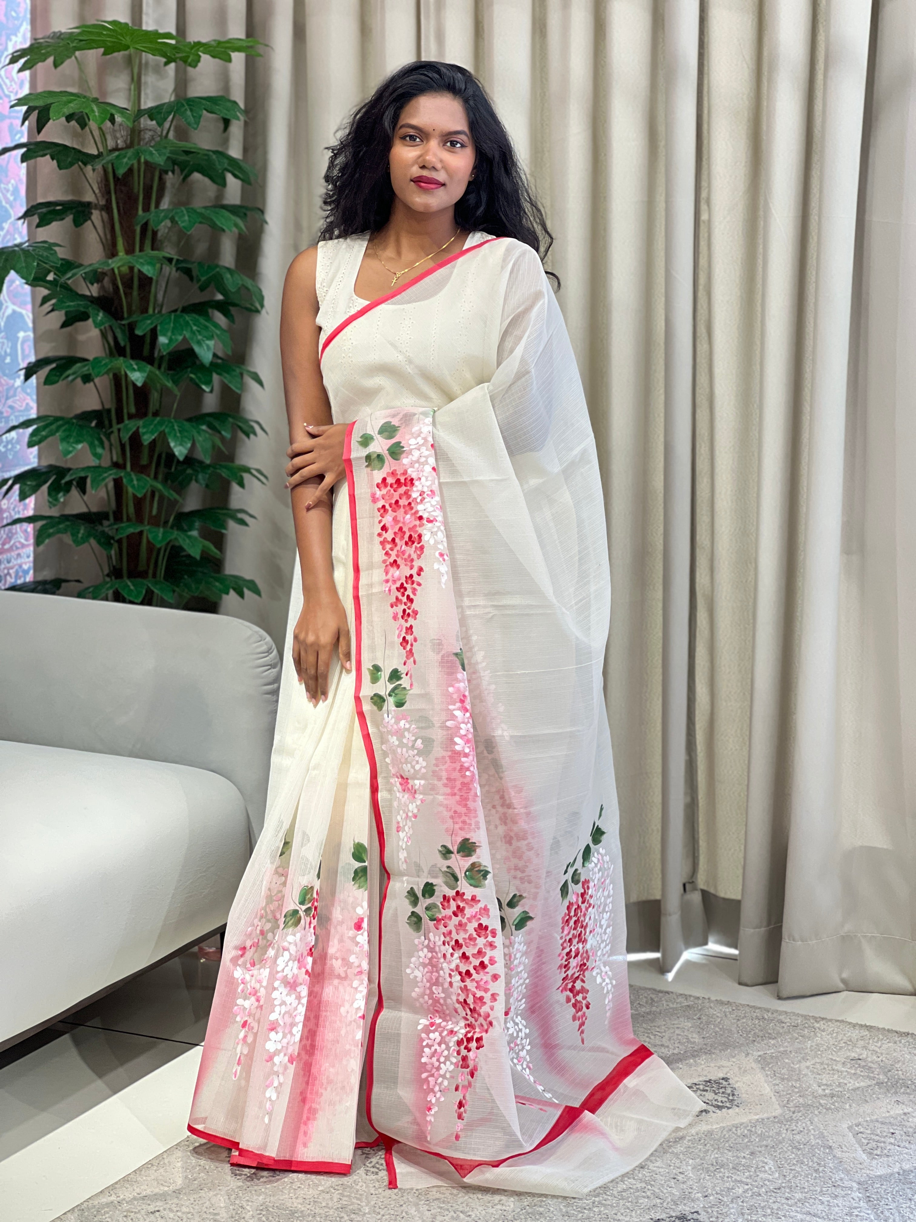 Floral Hand Painted Muga Check Organza Saree | JSC545