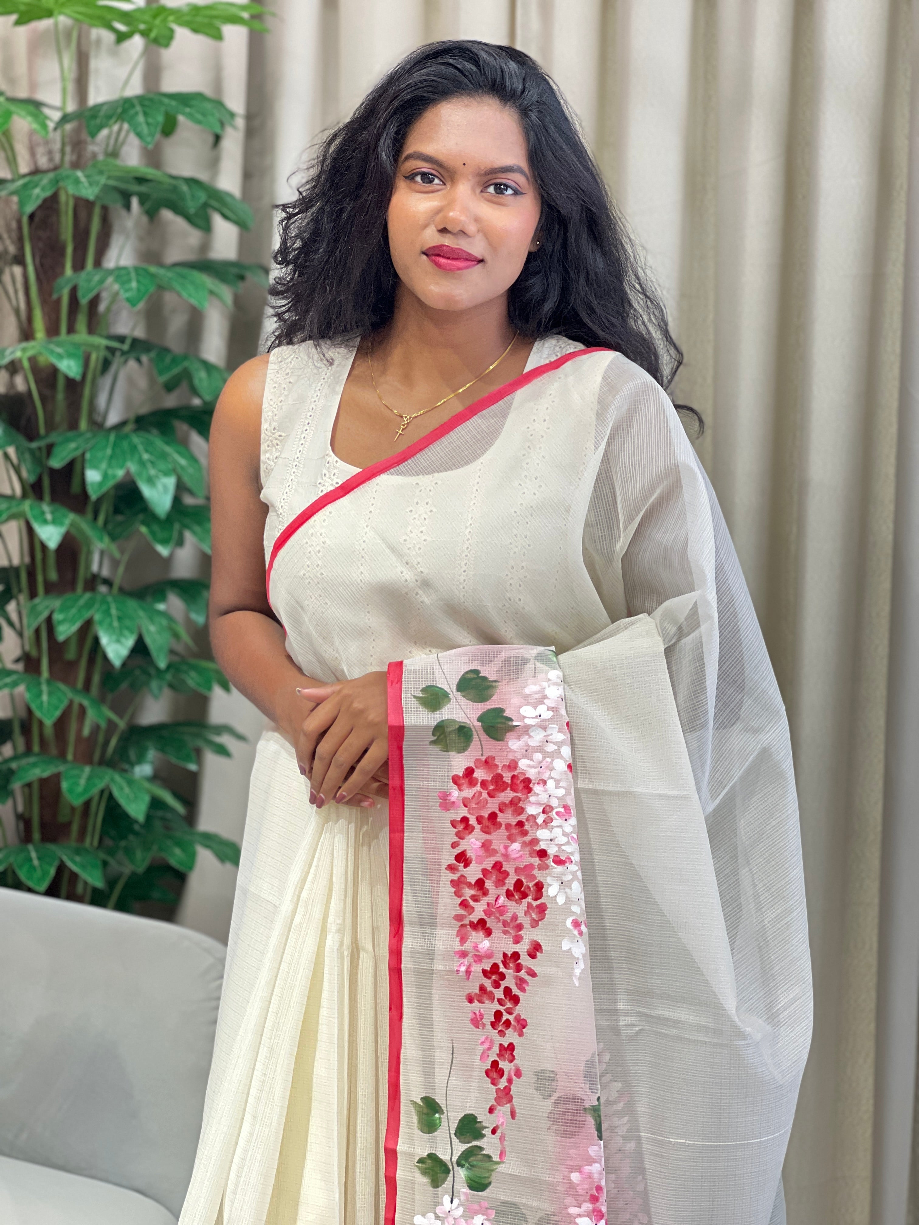 Floral Hand Painted Muga Check Organza Saree | JSC545