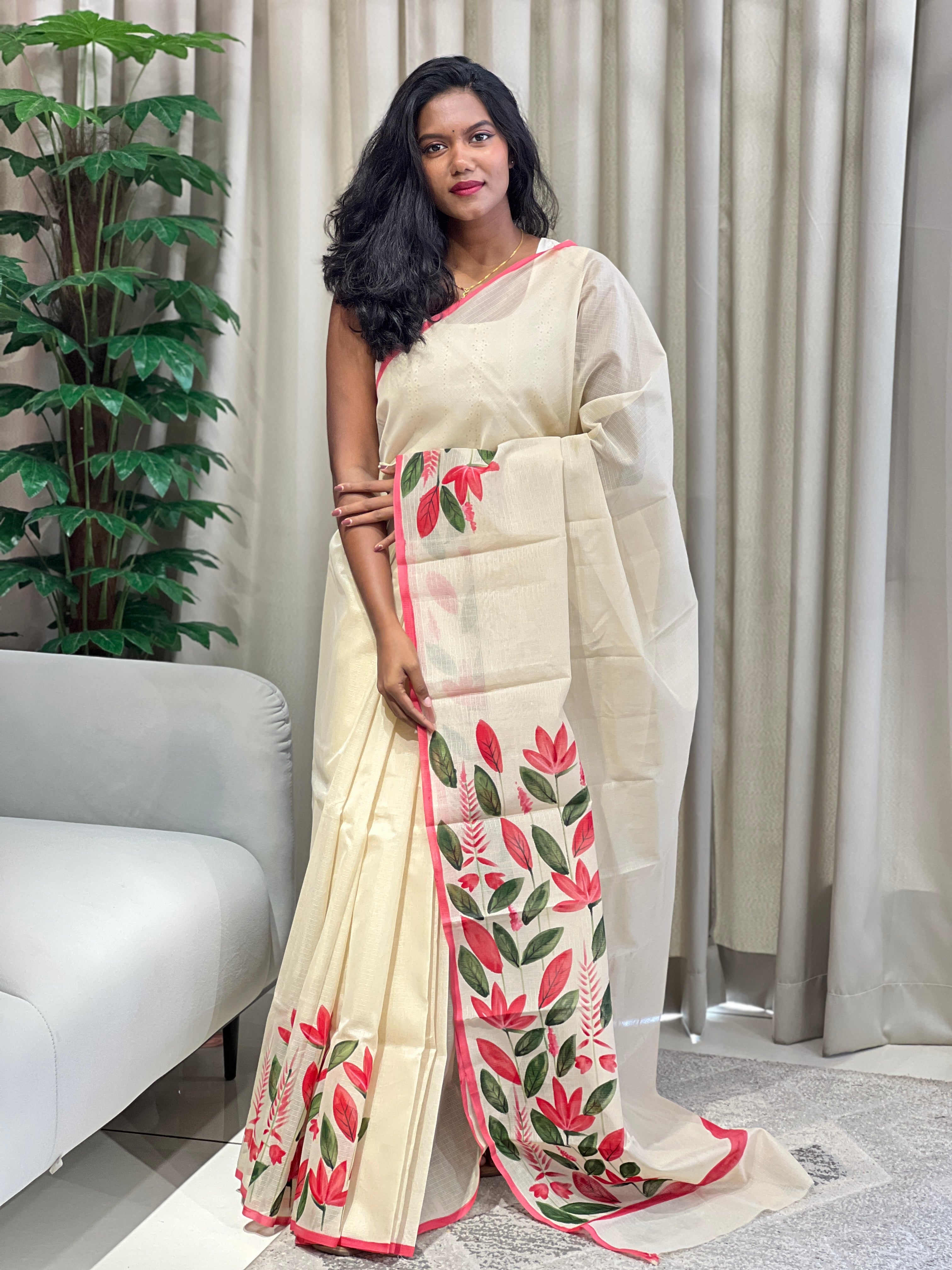 Floral Hand Painted Muga Check Organza Saree | JSC548