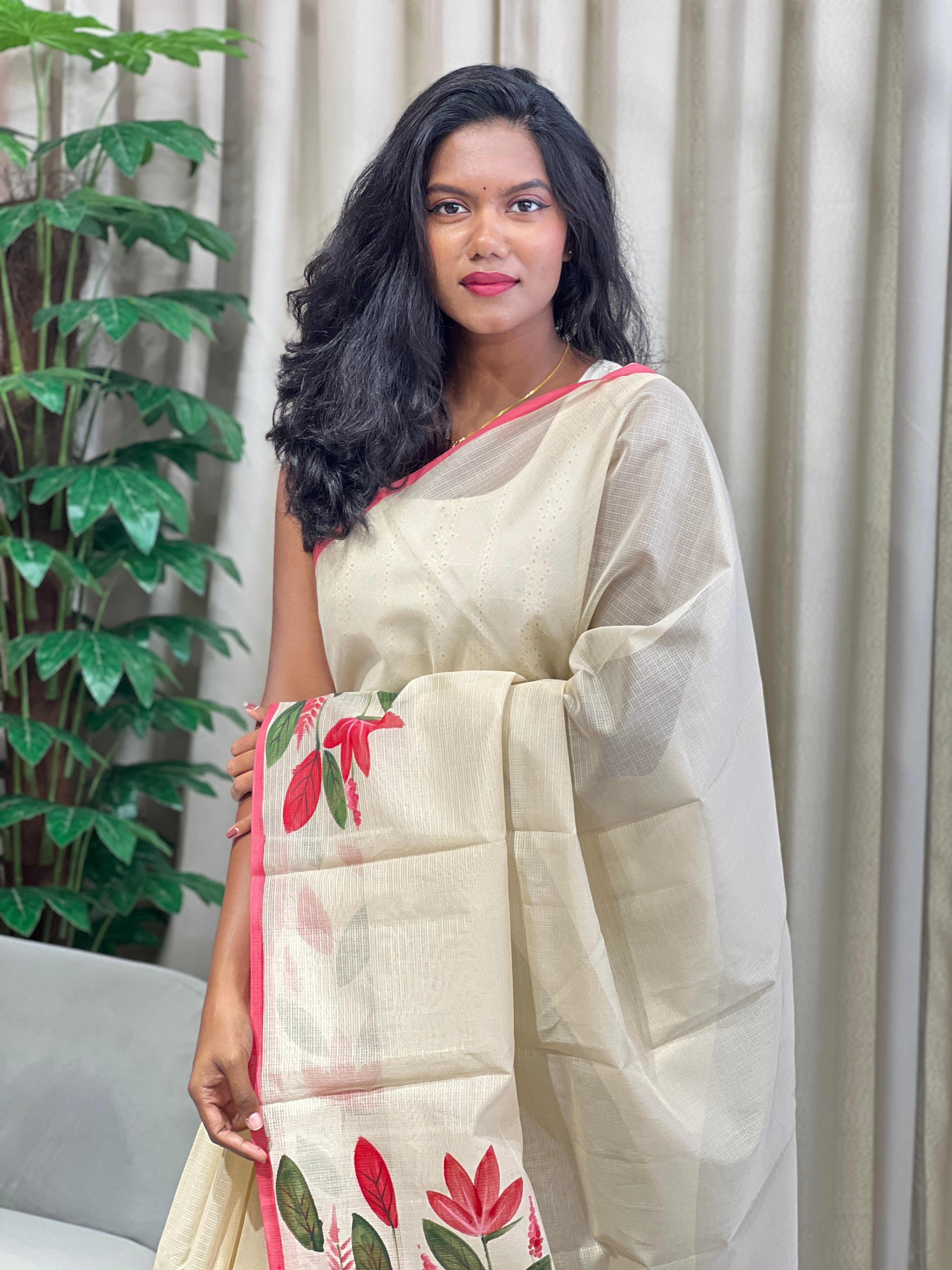 Floral Hand Painted Muga Check Organza Saree | JSC548