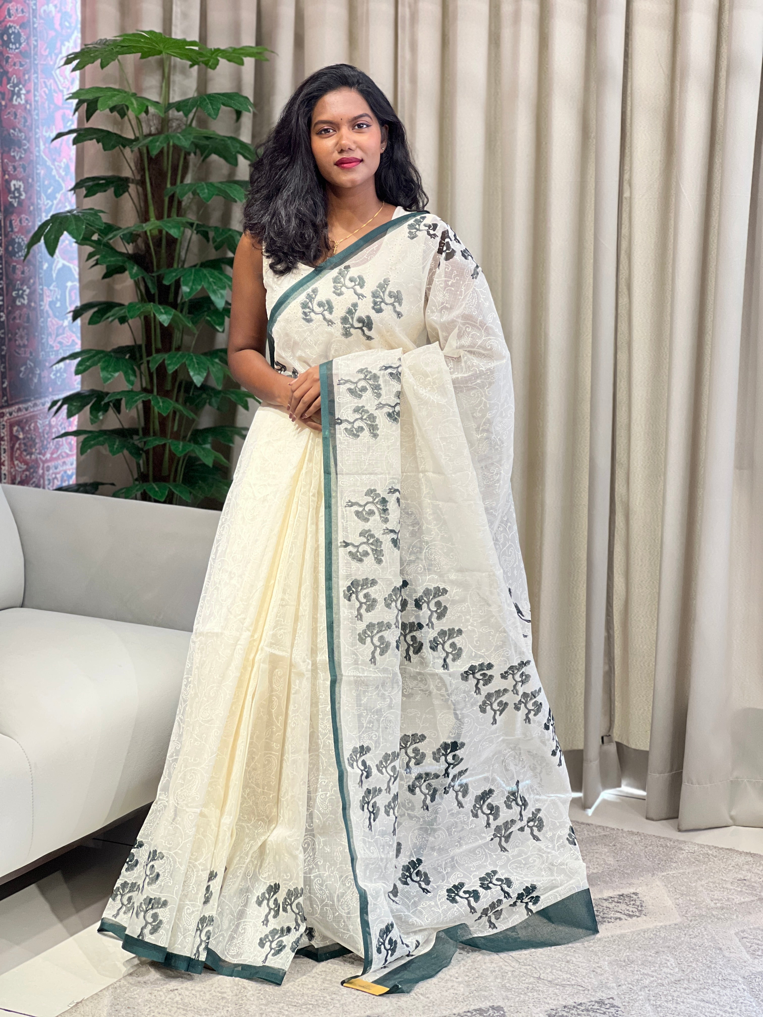 Print With Embroidery Detailed Muga Check Organza Saree | JSC540