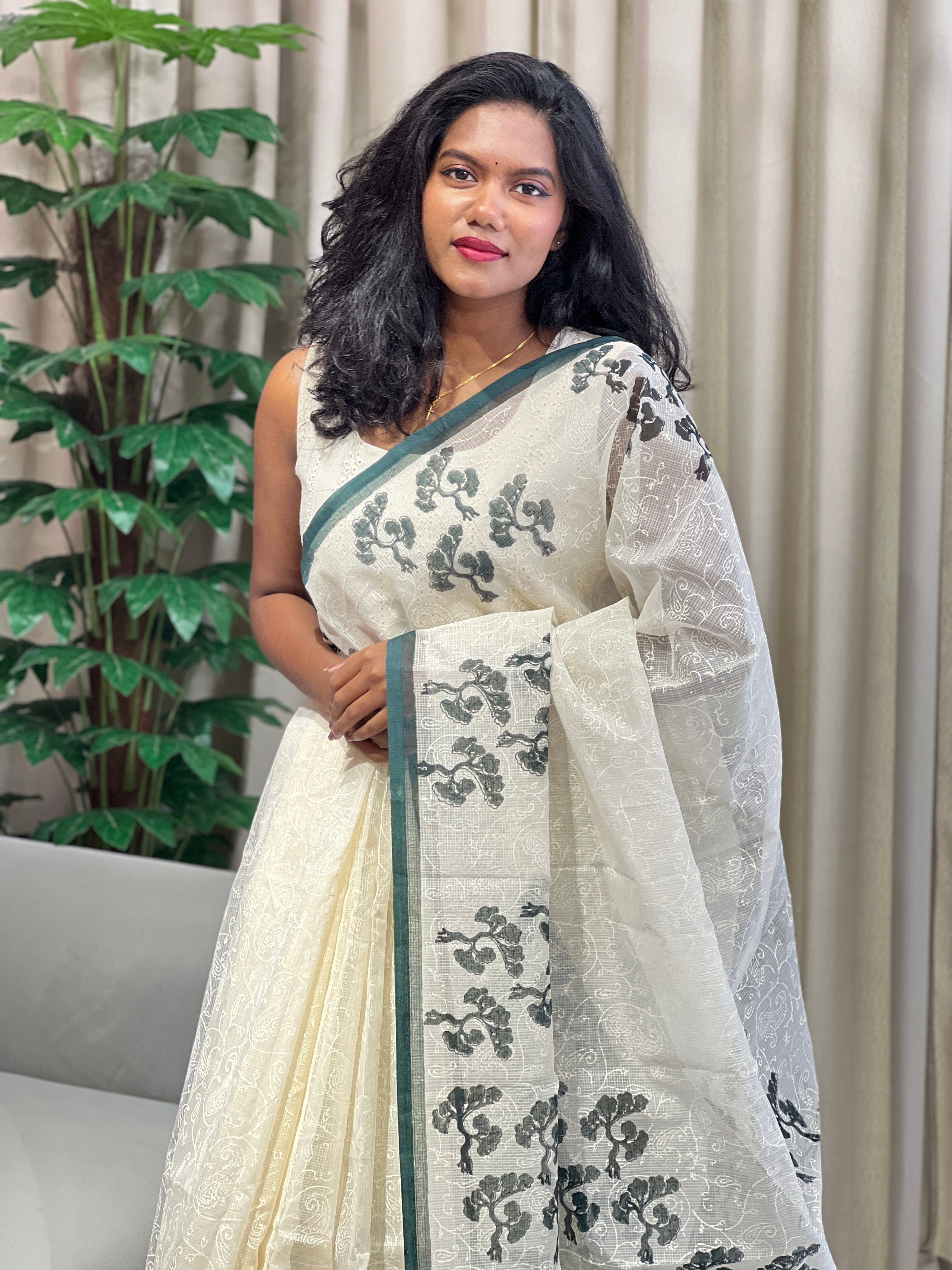 Print With Embroidery Detailed Muga Check Organza Saree | JSC540