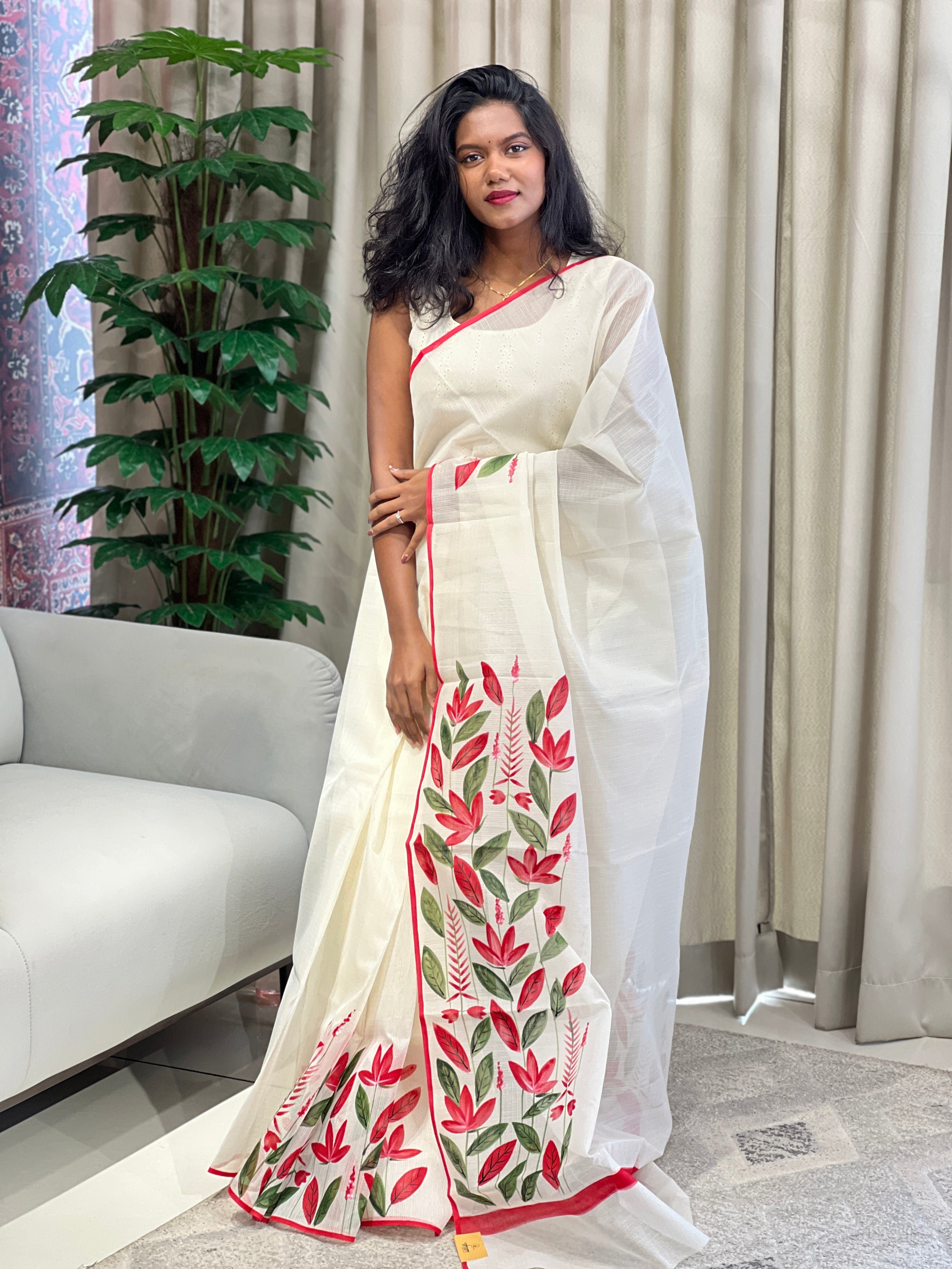 Floral Hand Painted Muga Check Organza Saree | JSC549
